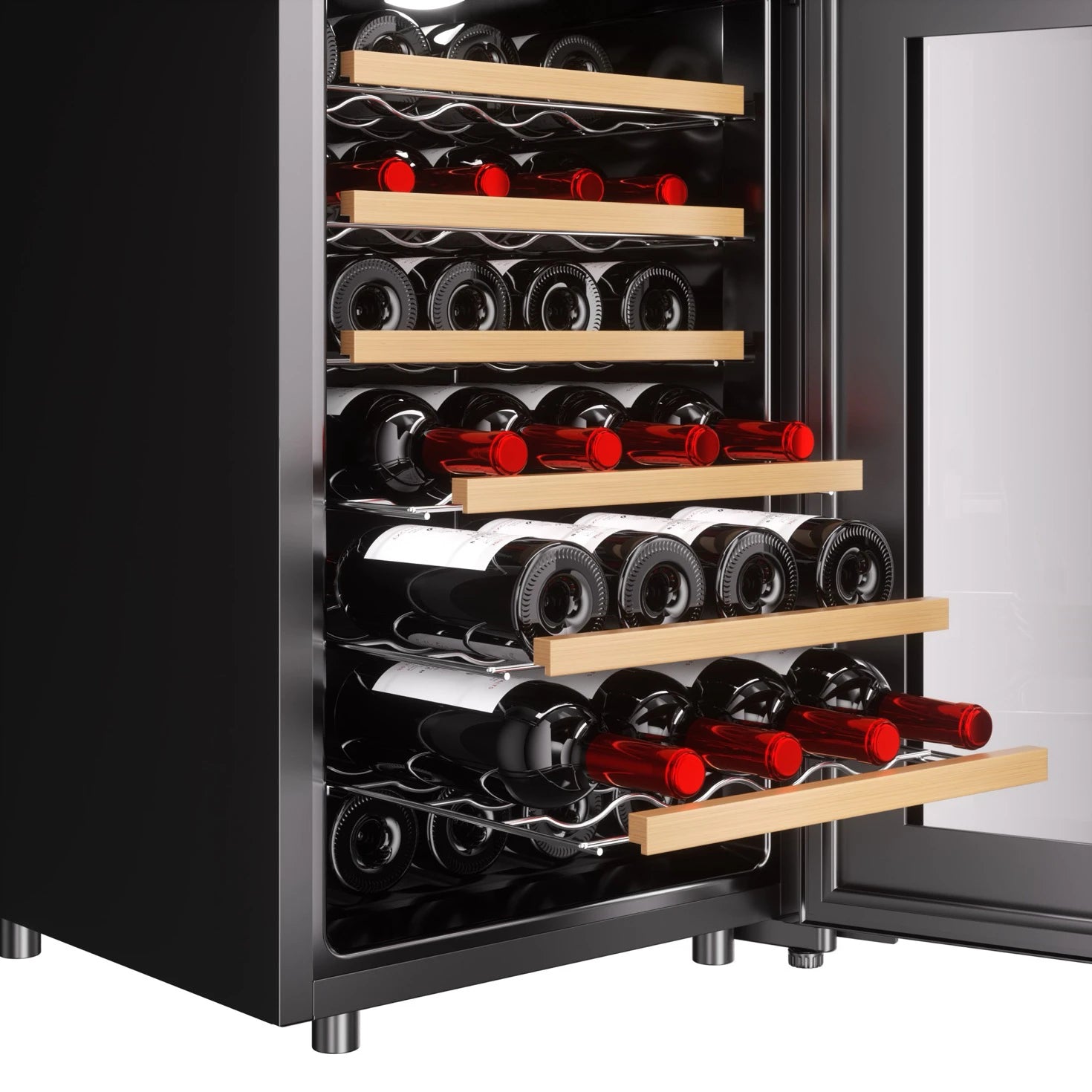 Detalle lateral de la vinoteca CUVEE28 con estantes de madera extraíbles y botellas de vino tinto organizadas horizontalmente.