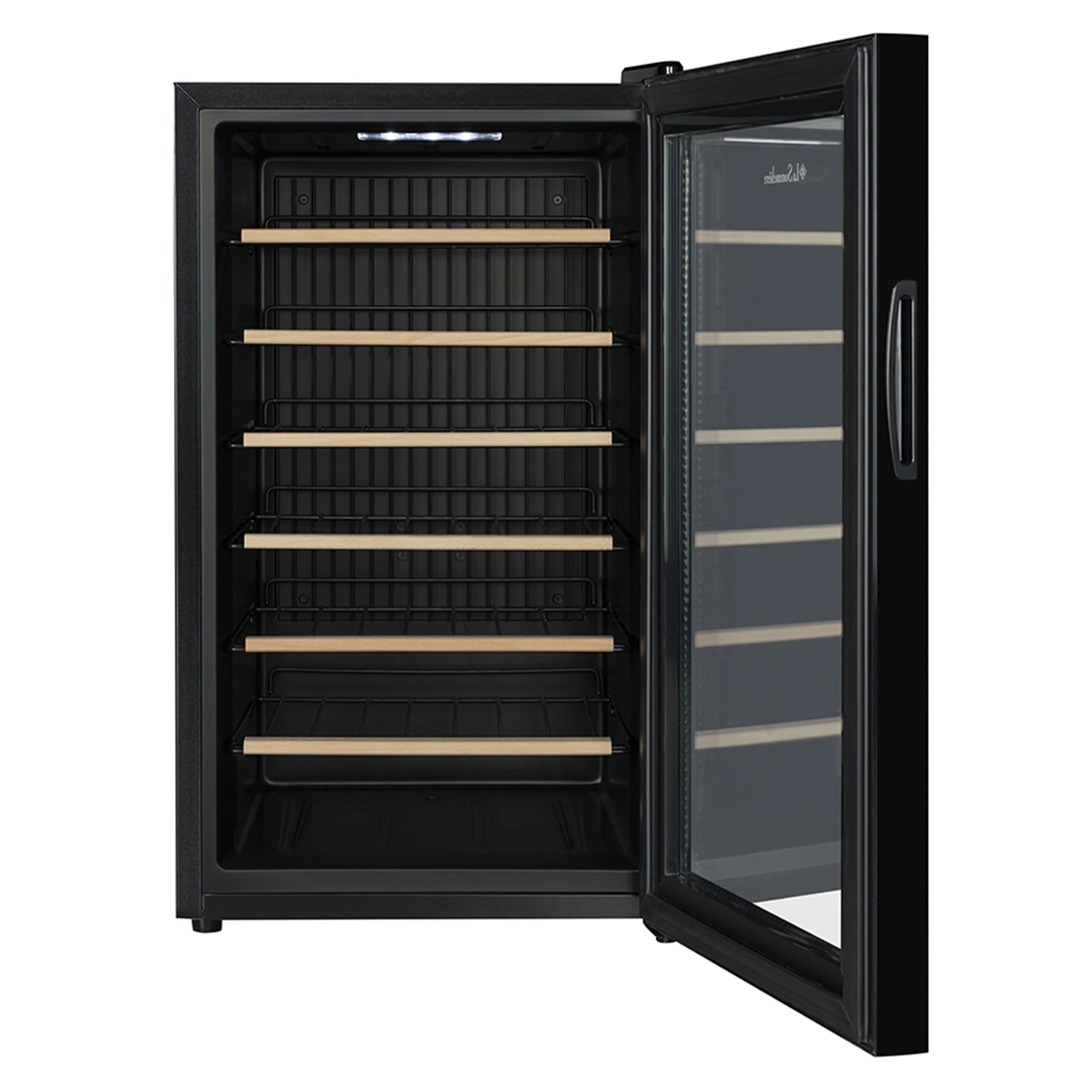 Vista de la Vinoteca 28 botellas La Sommelière 28SILENCE con la puerta de vidrio abierta, vacía, resaltando los estantes de madera.