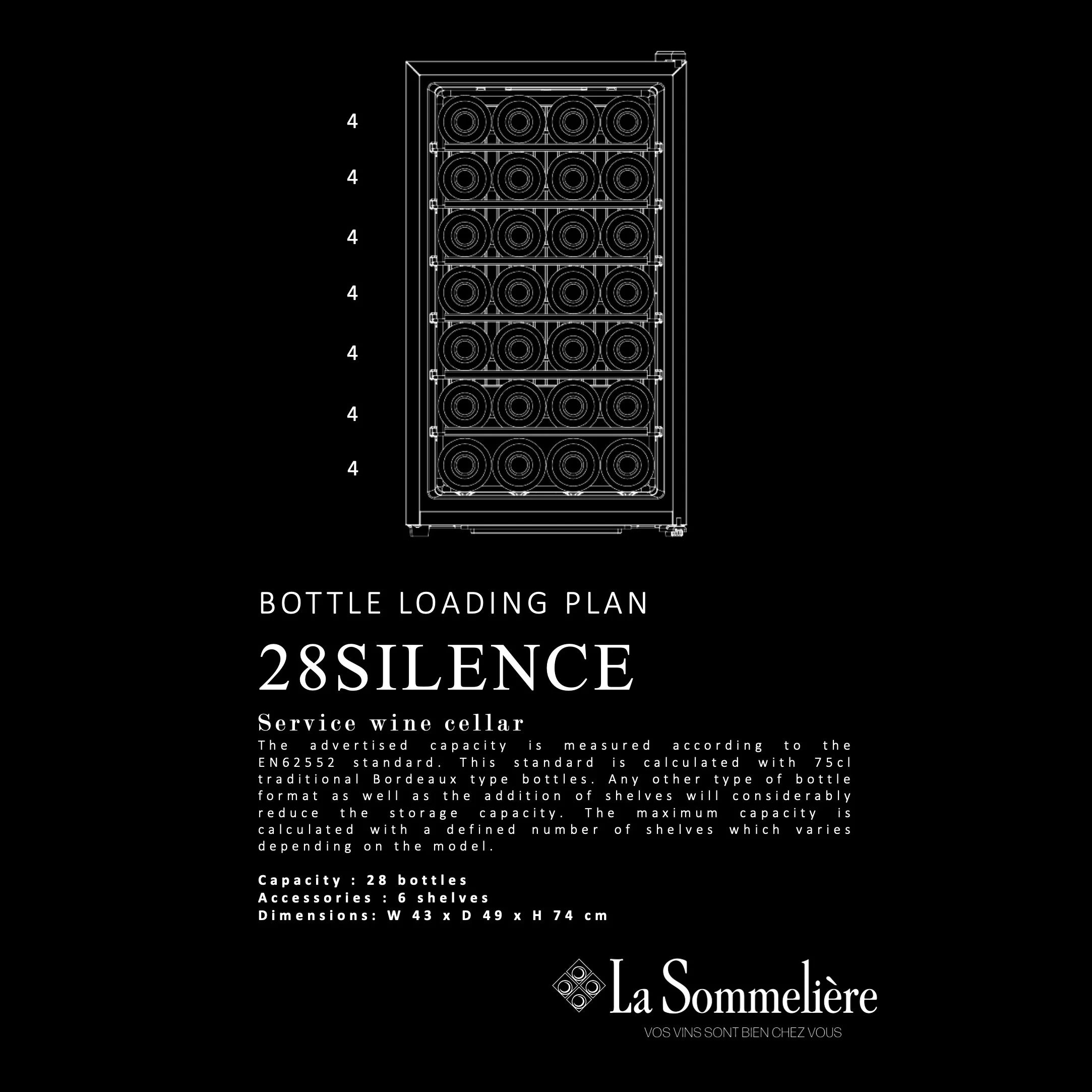 Imagen con diseño técnico de la vinoteca 28SILENCE, detallando capacidad total, número de estantes y compatibilidad con botellas de formato Burdeos de 75 cl, sobre fondo negro con logotipo de La Sommelière.