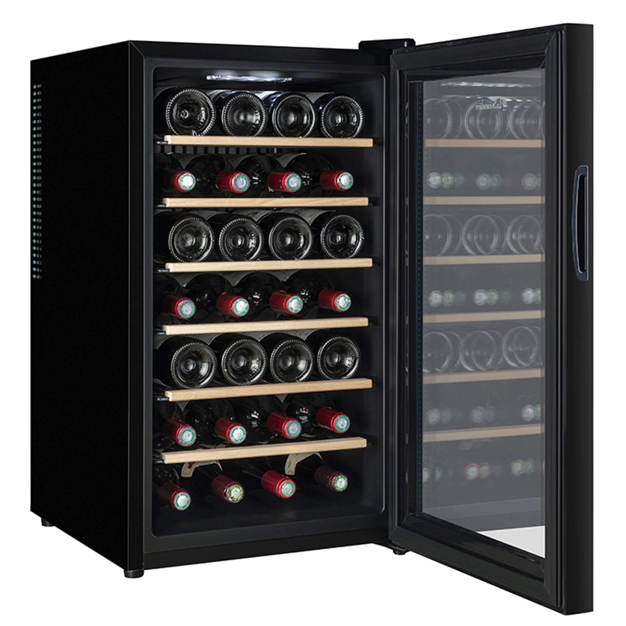 Vinoteca La Sommelière 28SILENCE con la puerta de cristal abierta, mostrando su interior con estantes de madera y botellas de vino organizadas horizontalmente.