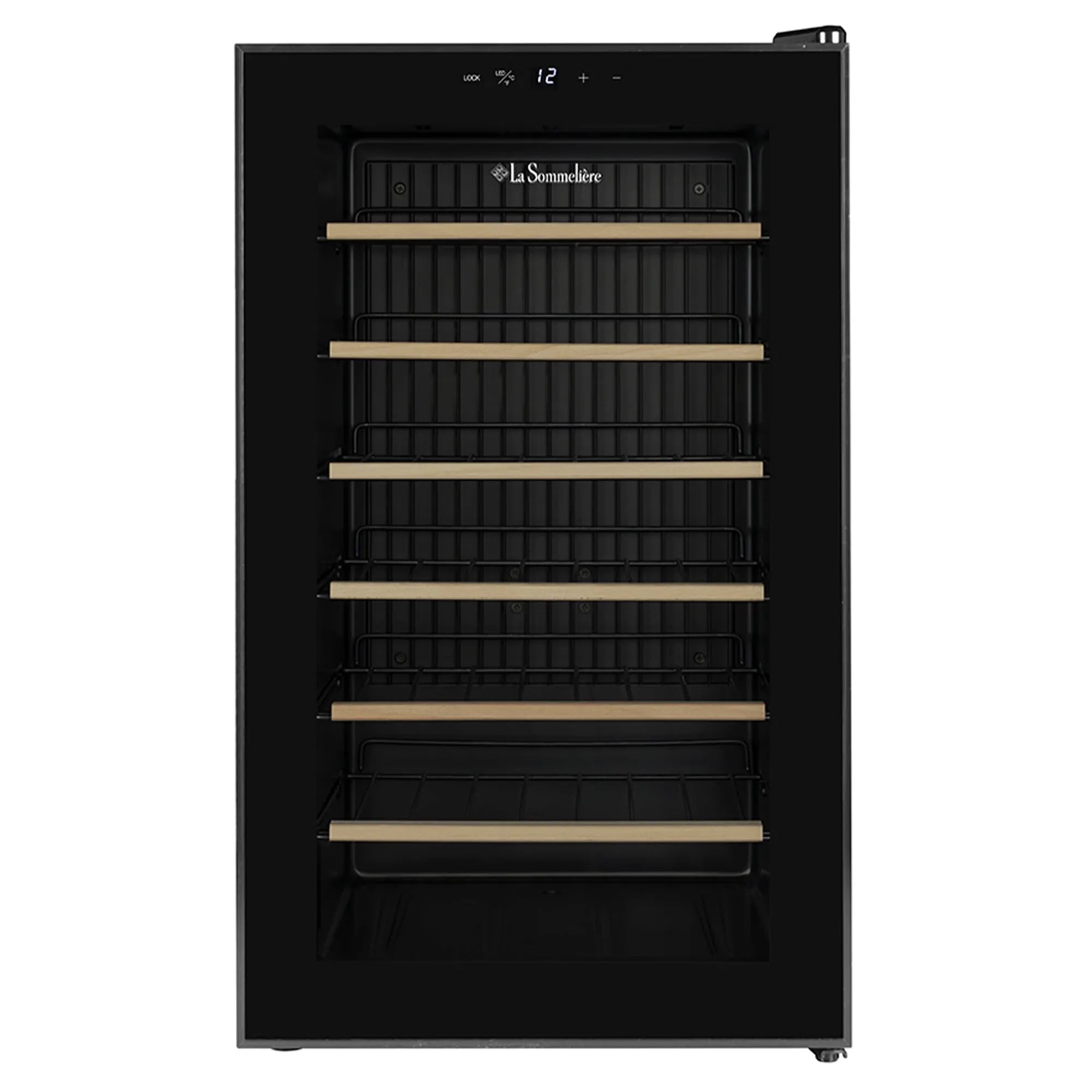 Vinoteca La Sommelière modelo 28SILENCE vista de frente, vacía, con seis estantes de madera en el interior y un panel digital en la parte superior de la puerta de cristal.