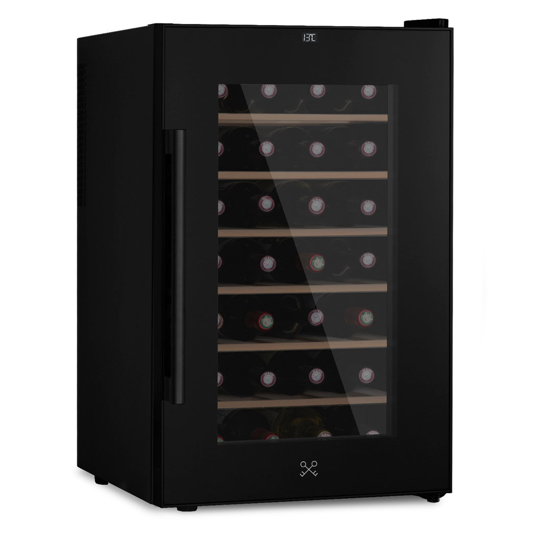 Vinoteca 28 botellas Les Petits Champs CAVCB28 Black vista latera con puerta cerrada y llena de botellas de vino