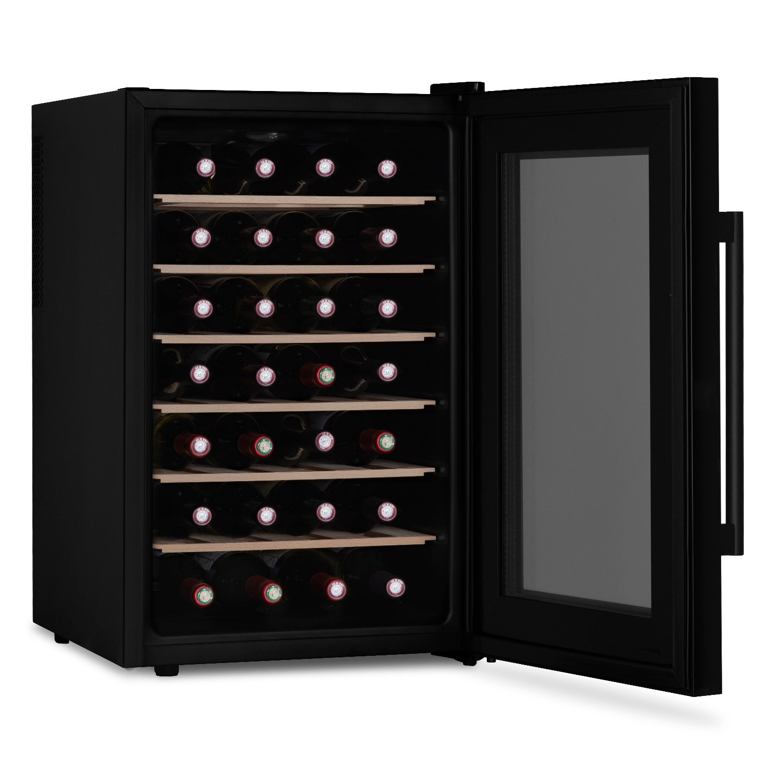Vinoteca 28 botellas Les Petits Champs CAVCB28 Black vista lateral llena de botellas de vino