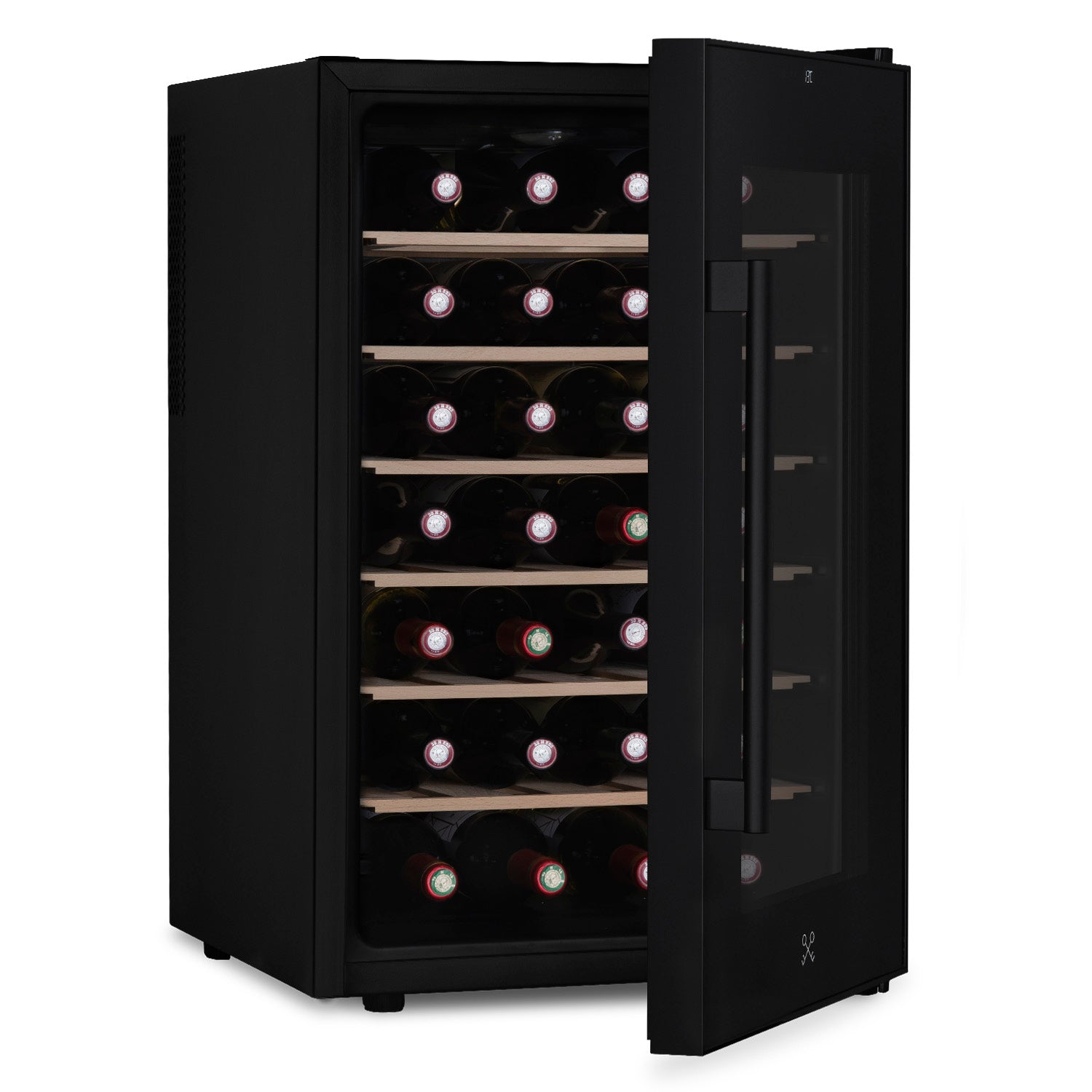 Vinoteca 28 botellas Les Petits Champs CAVCB28 Black vista lateral puerta abierta llena de botellas de vino