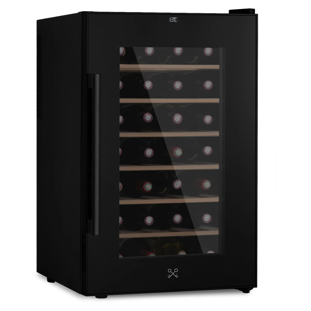 Vinoteca 28 botellas Les Petits Champs CAVCB28 Black vista latera con puerta cerrada y llena de botellas de vino
