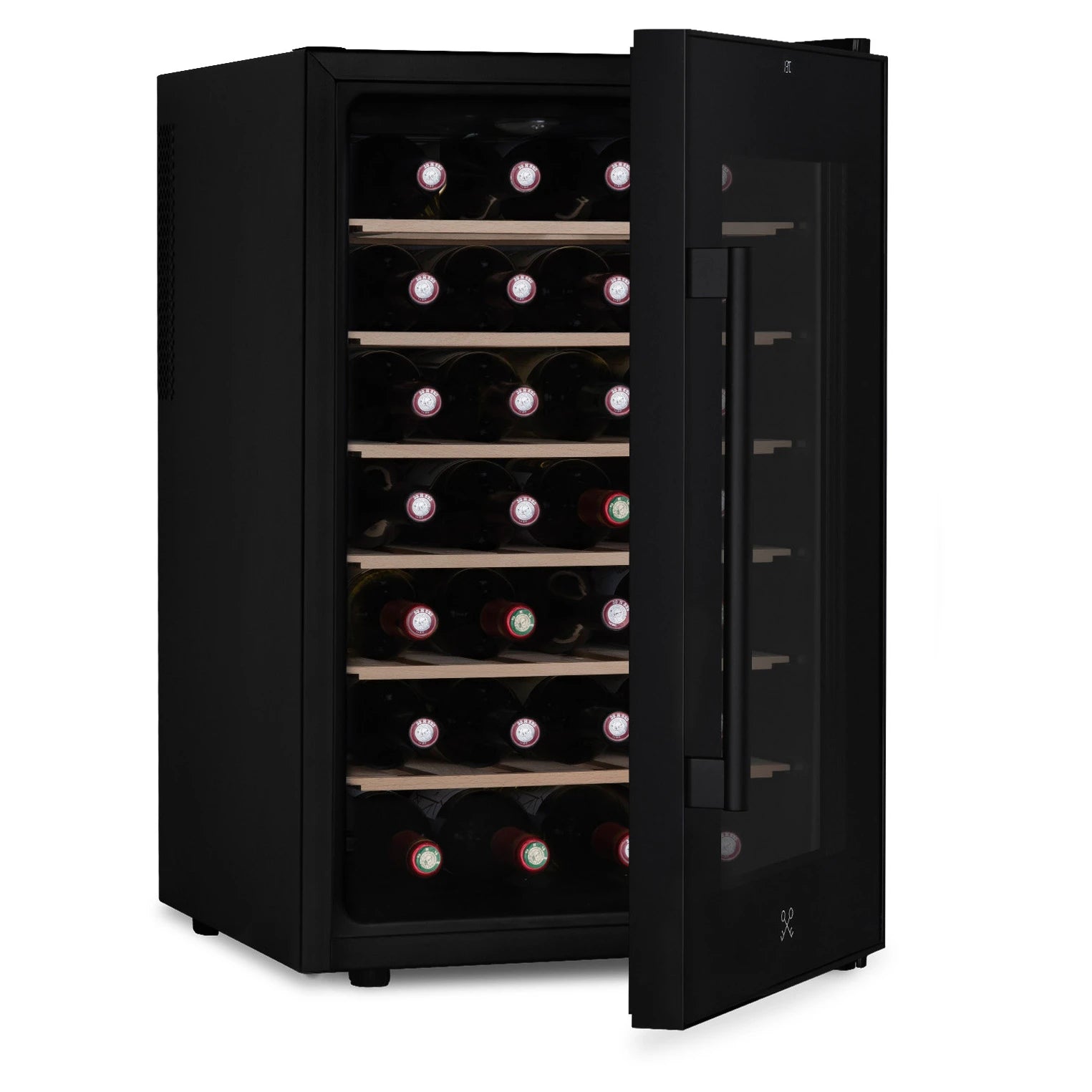 Vinoteca 28 botellas Les Petits Champs CAVCB28 Black vista lateral puerta abierta llena de botellas de vino