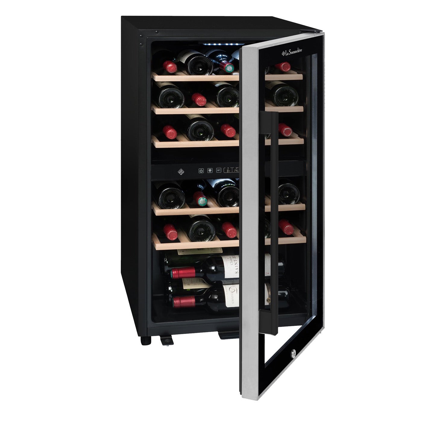 Vista de la Vinoteca 29 botellas La Sommelière ECS31.2Z doble zona con la puerta entreabierta, con estantes de madera llenos de botellas