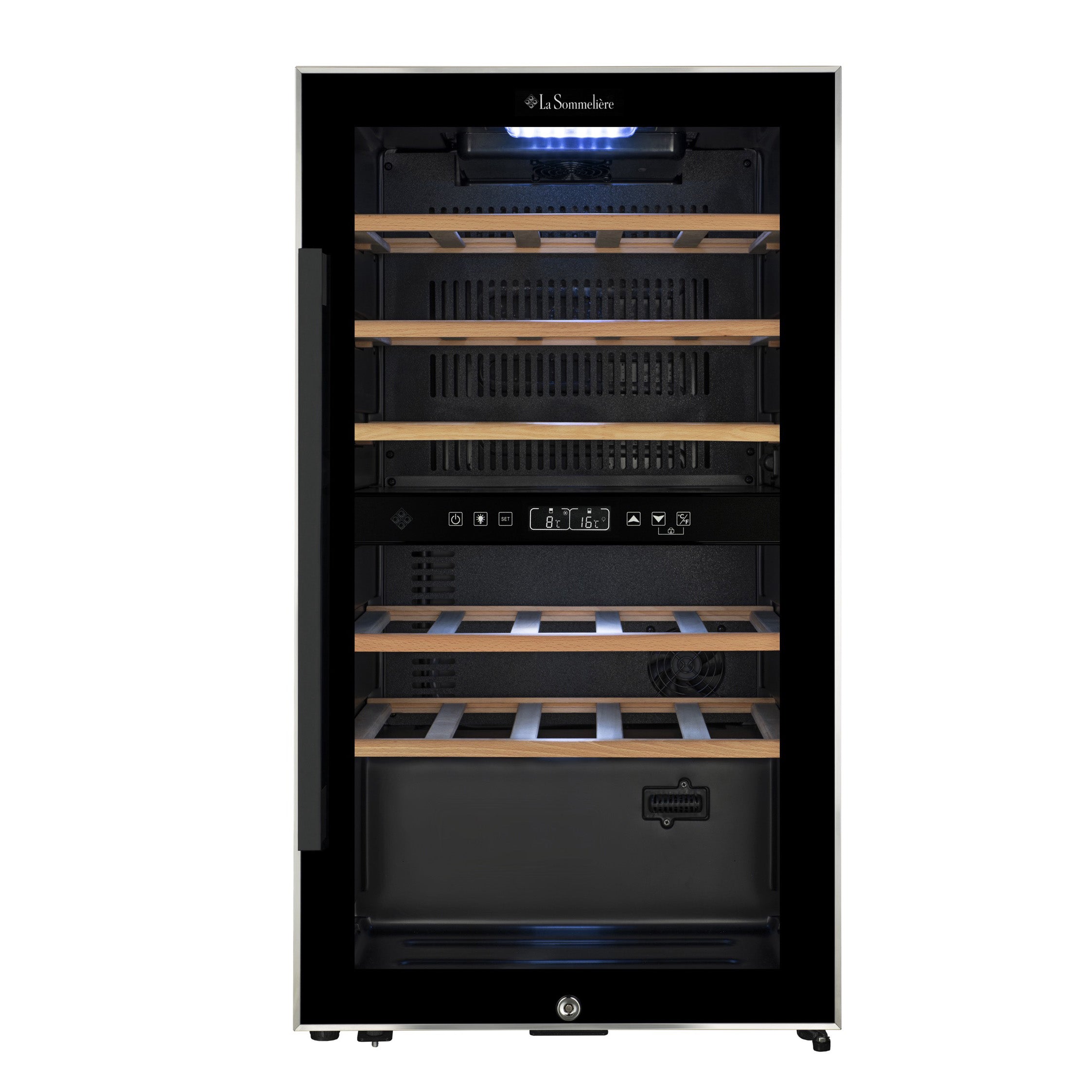 Vista de la Vinoteca 29 botellas La Sommelière ECS31.2Z doble zona sin botellas, mostrando los estantes de madera