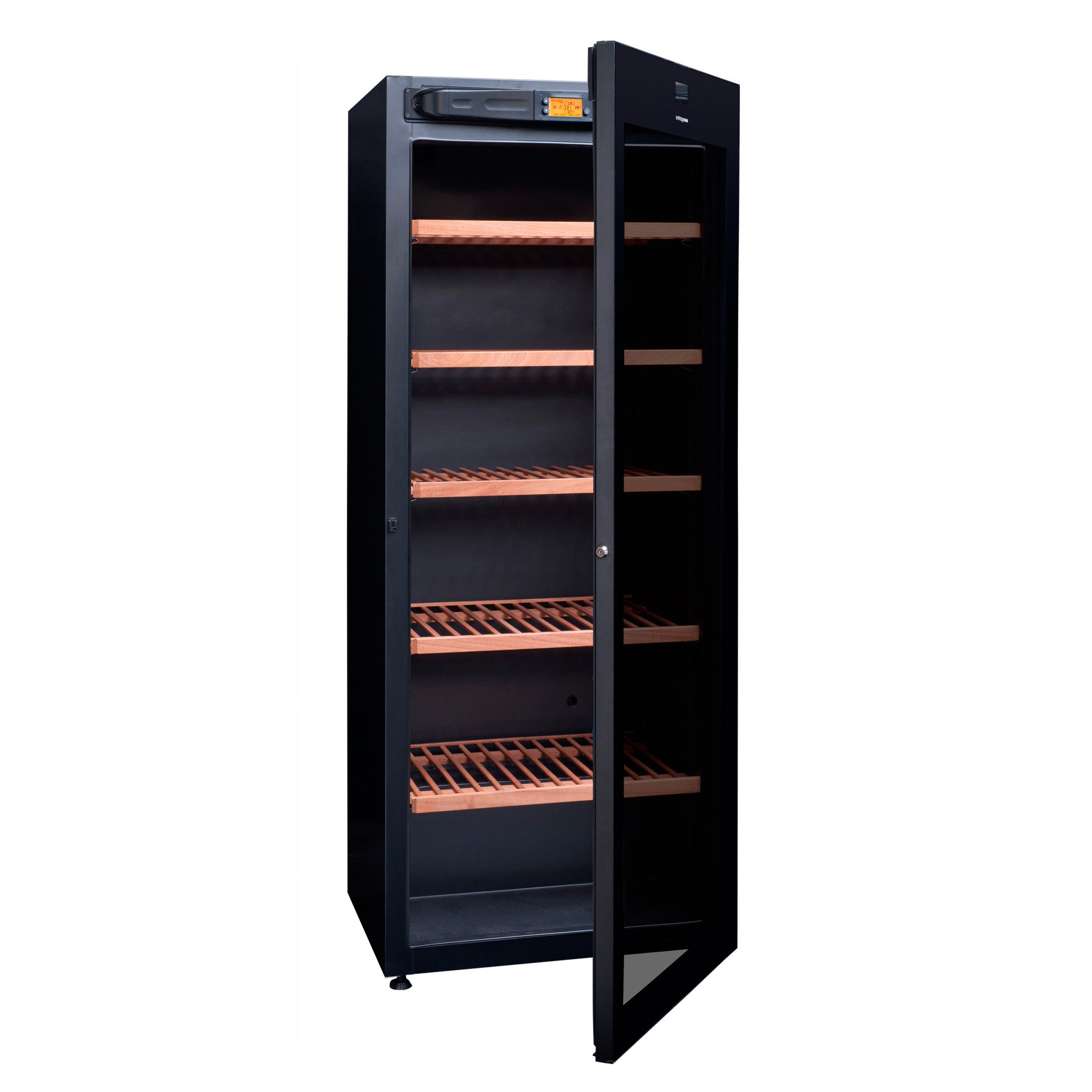 Imagen de la Vinoteca 294 botellas Avintage DVA305G con la puerta entreabierta y sin botellas.
