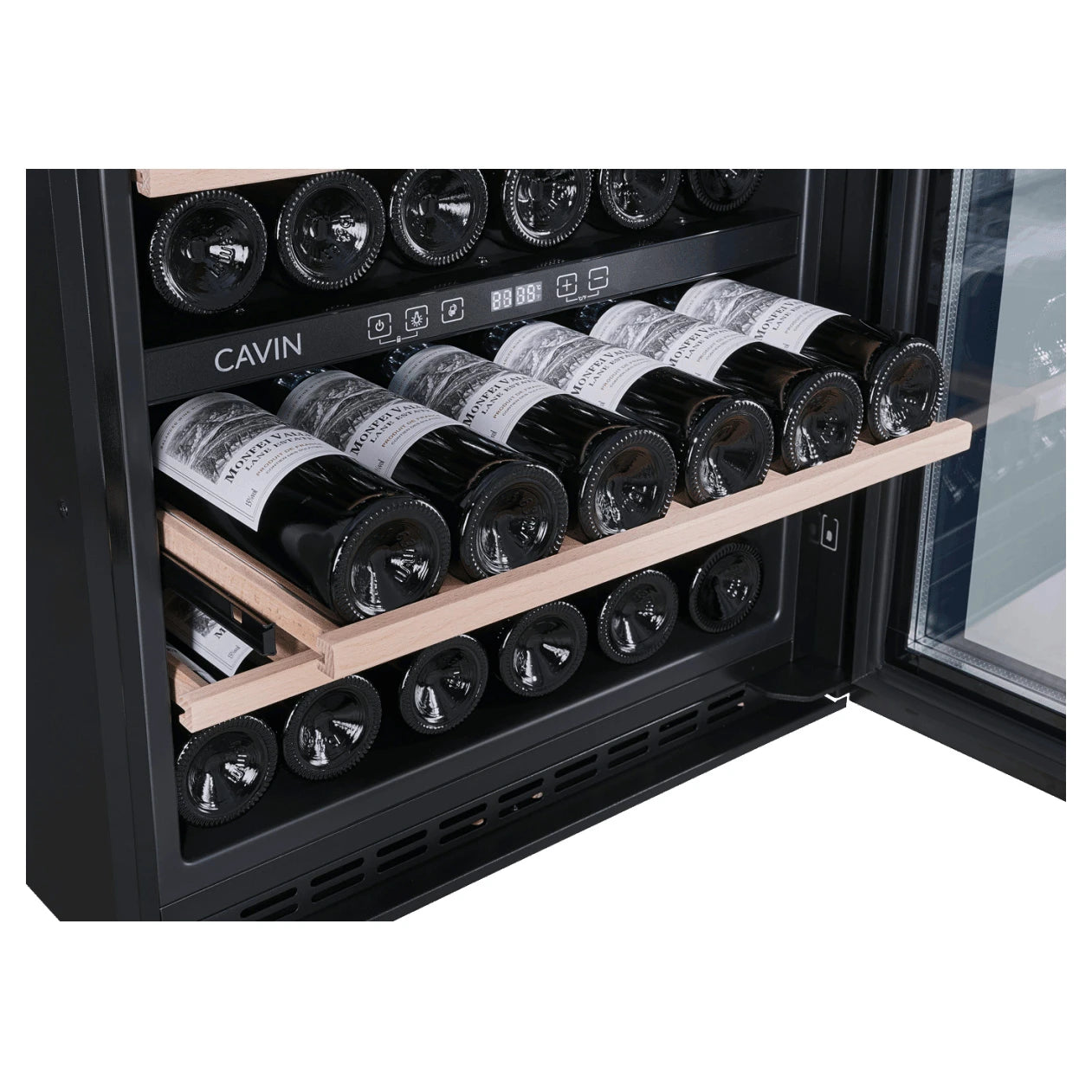 Vinoteca Cavin Scandinavian Collection 60 Fullglass Black, vista del equipo con puerta acristalada.