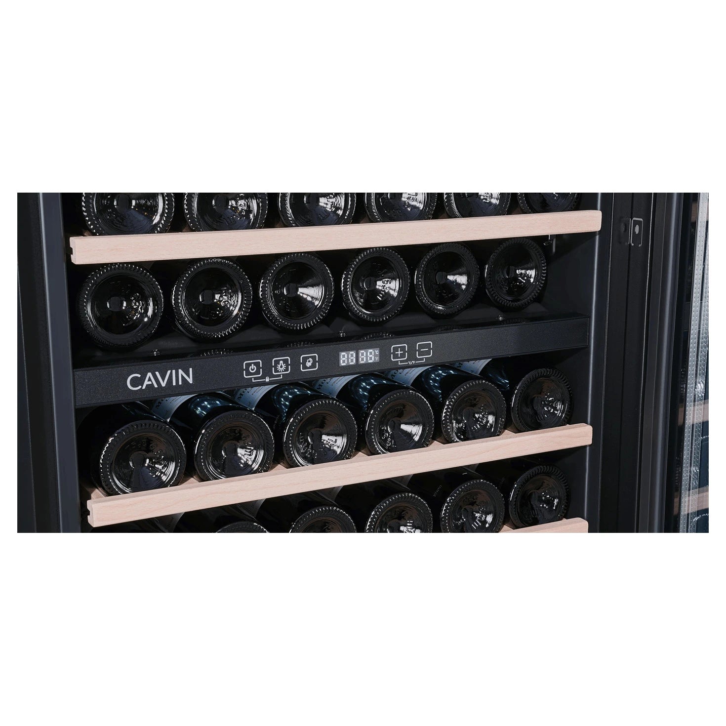 Cavin Scandinavian Collection 60 Fullglass Black, detalle del panel y puerta de cristal negro.
