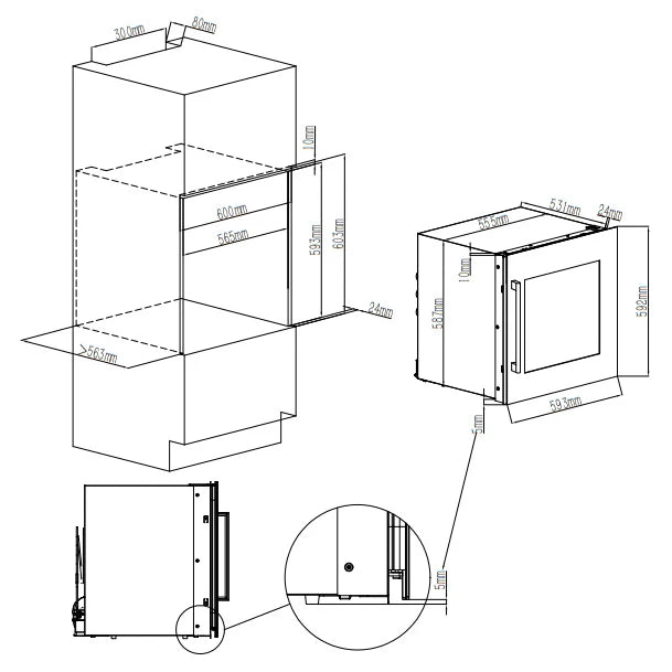 Plano de instalación de la vinoteca Cavin Scandinavian Collection 60 Fullglass Black encastrable en columna.