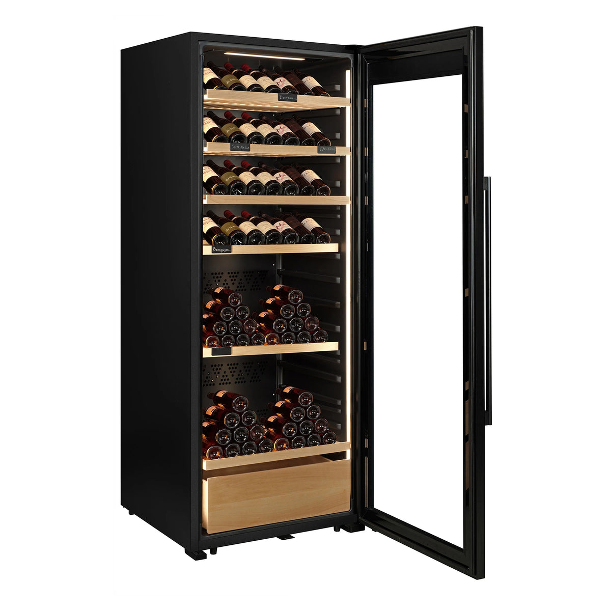 Vinoteca La Sommelière VIP306 EDITION vista en ángulo con la puerta abierta y llena de botellas