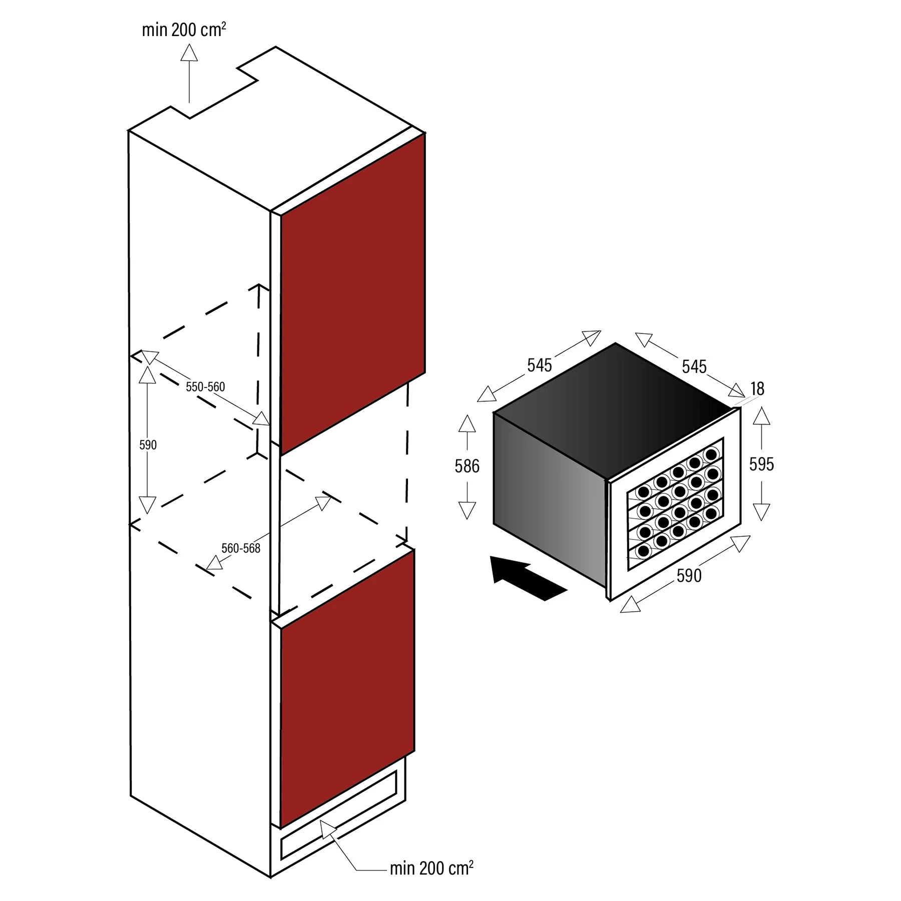 Esquema de instalación de vinoteca encastrable con medidas del nicho (590 mm de alto, 550–560 mm de ancho y 560–568 mm de fondo) y ventilación mínima de 200 cm² superior e inferior.