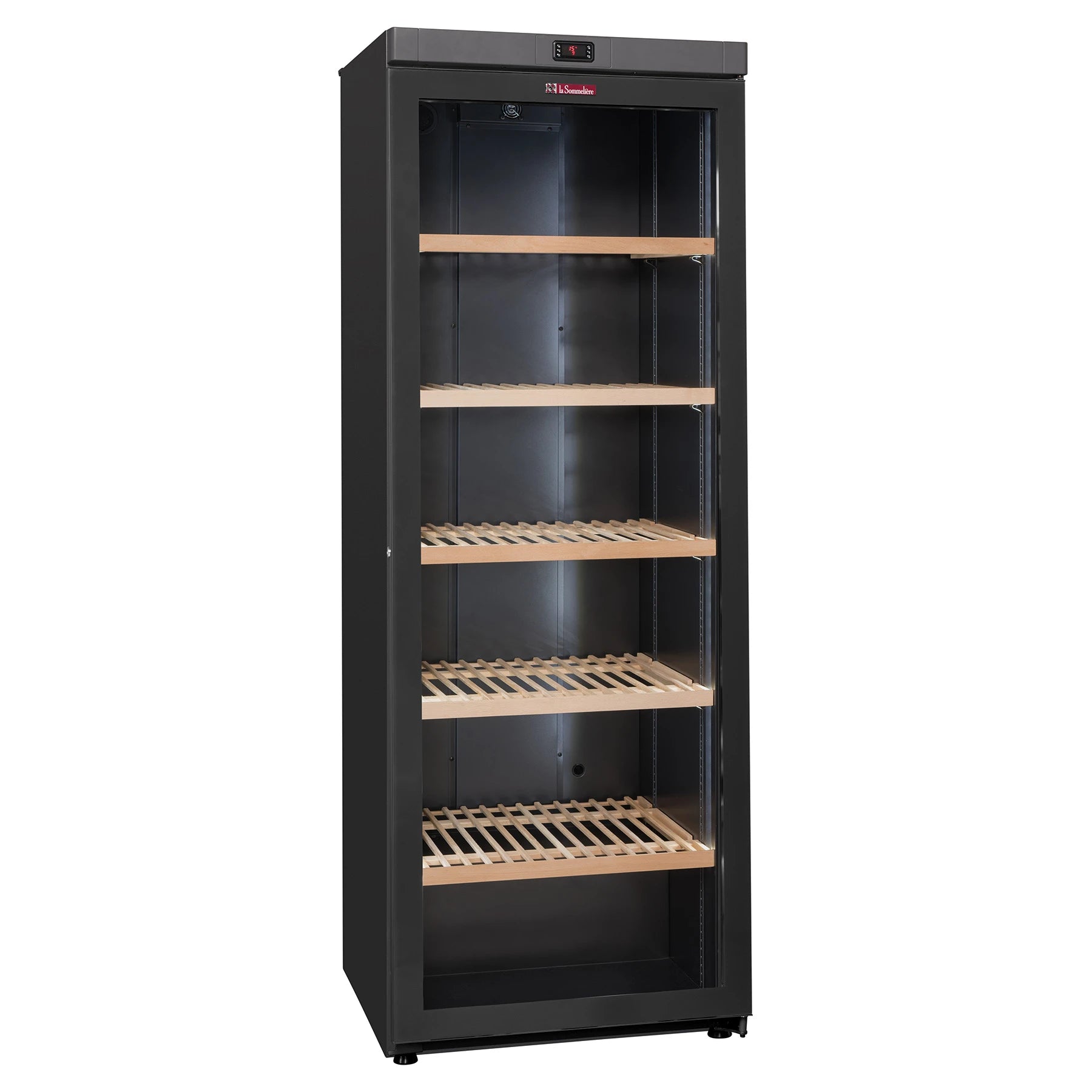 Vinoteca La Sommelière VIP330V de gran formato con puerta de cristal cerrada y estantes de madera vacíos iluminados