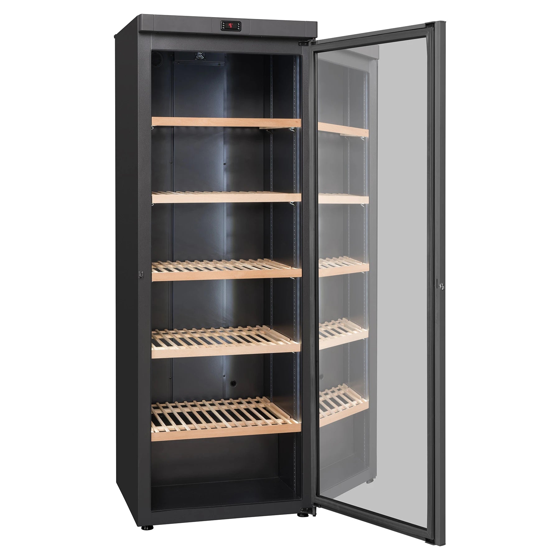 Vinoteca La Sommelière VIP330V con puerta abierta y estantes de madera vacíos mostrando interior iluminado para 329 botellas