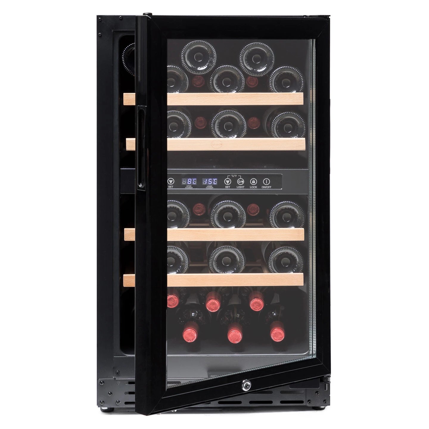 Vinoteca Vinobox V40 GC 2T Black encastrable de 33 botellas con doble zona y puerta de cristal negra.