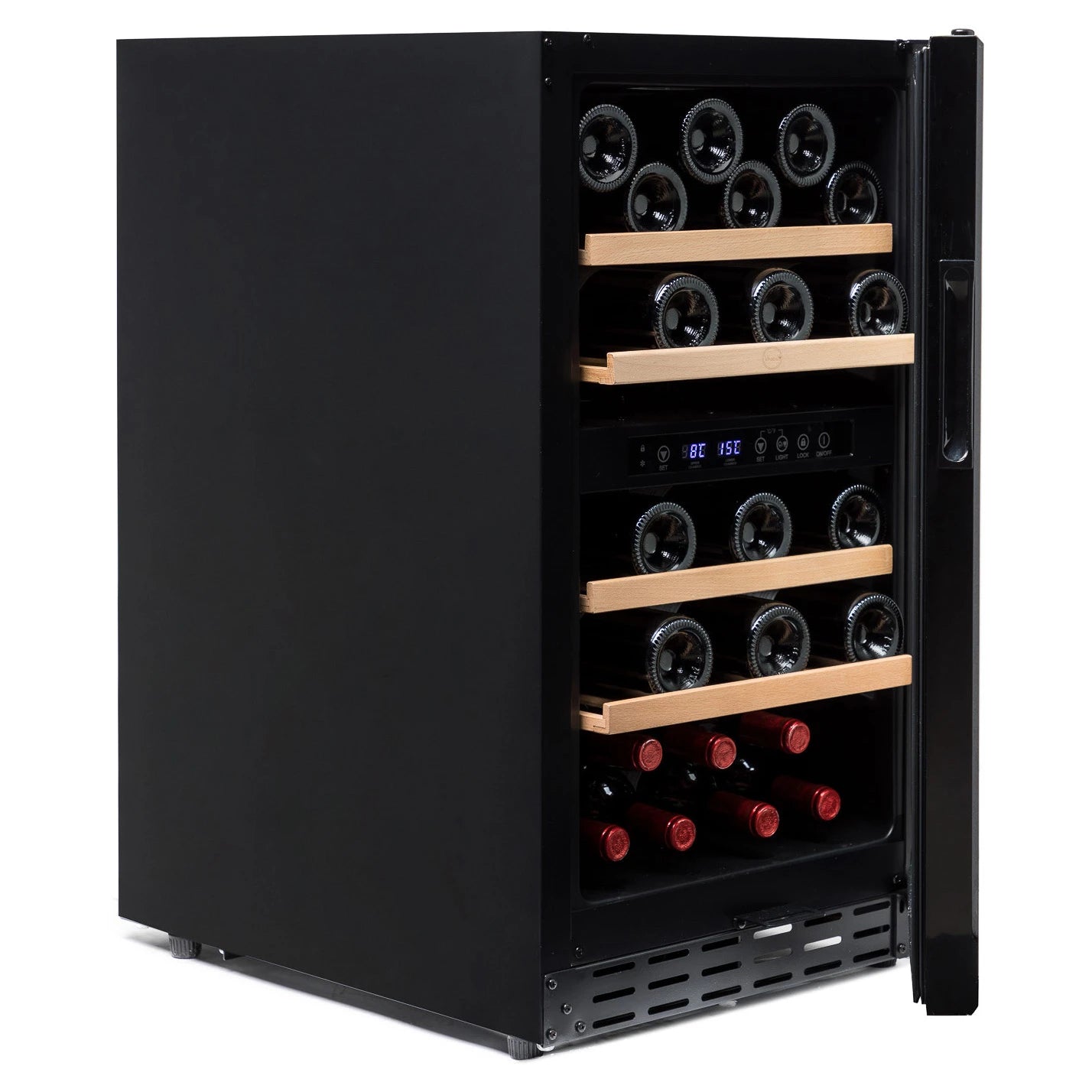 Vista frontal de la vinoteca Vinobox V40 GC 2T Black doble zona con acabado negro.