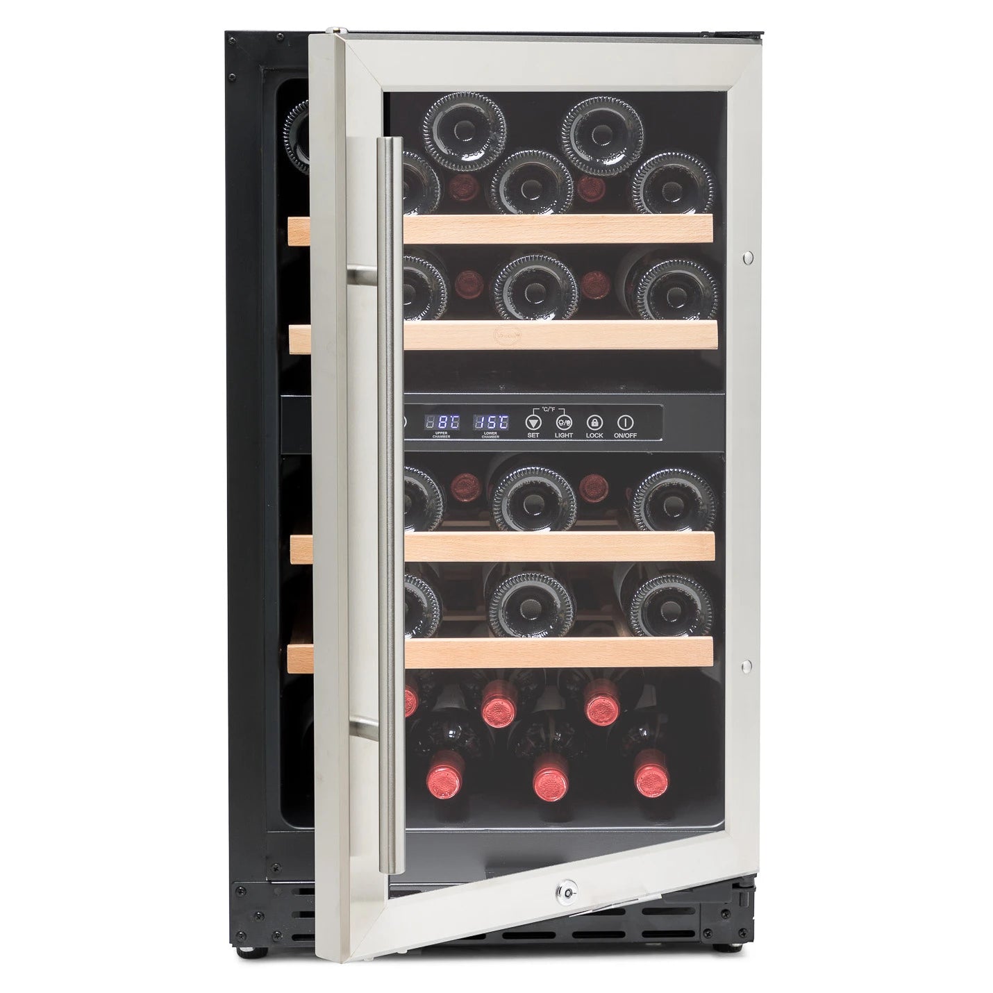Vista frontal de la vinoteca Vinobox V40 GC 2T Inox con puerta de cristal y acabado negro e inox.