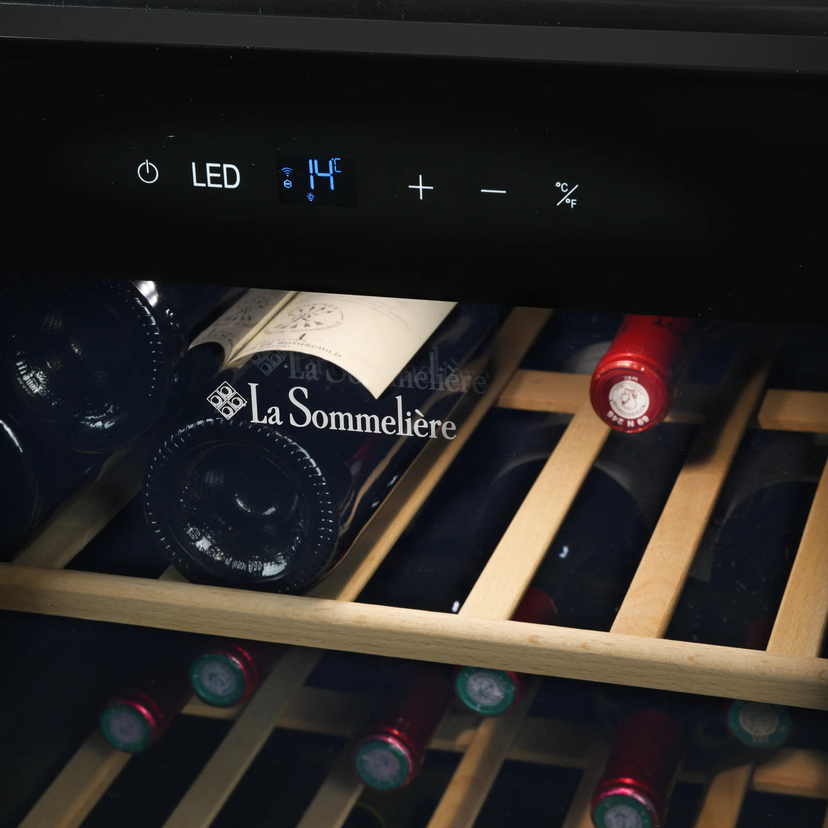 La Sommelière SMART36 34-bottle wine cooler detail of control panel and logo