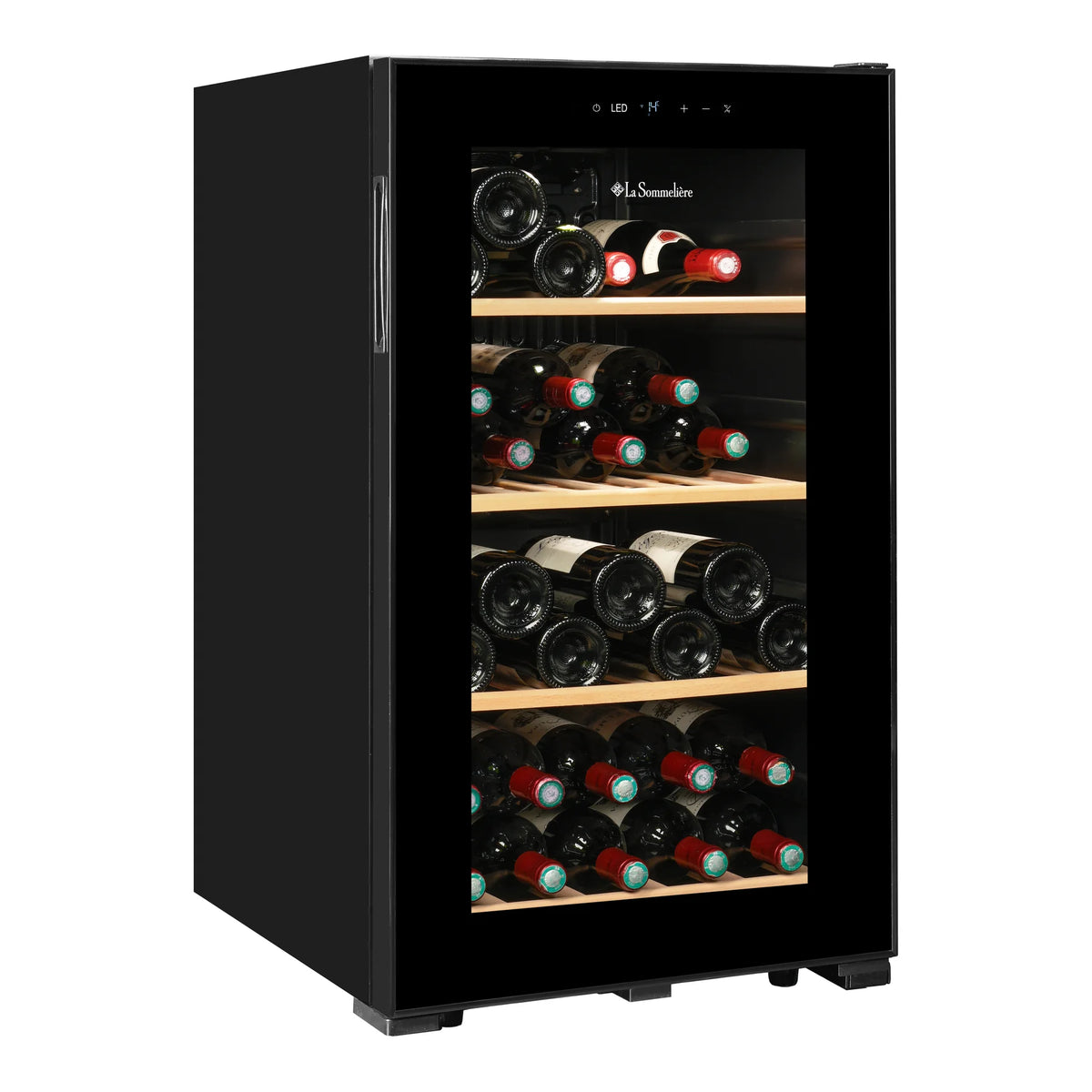 La Sommelière SMART36 34-bottle wine cooler three-quarter view with bottles and closed door