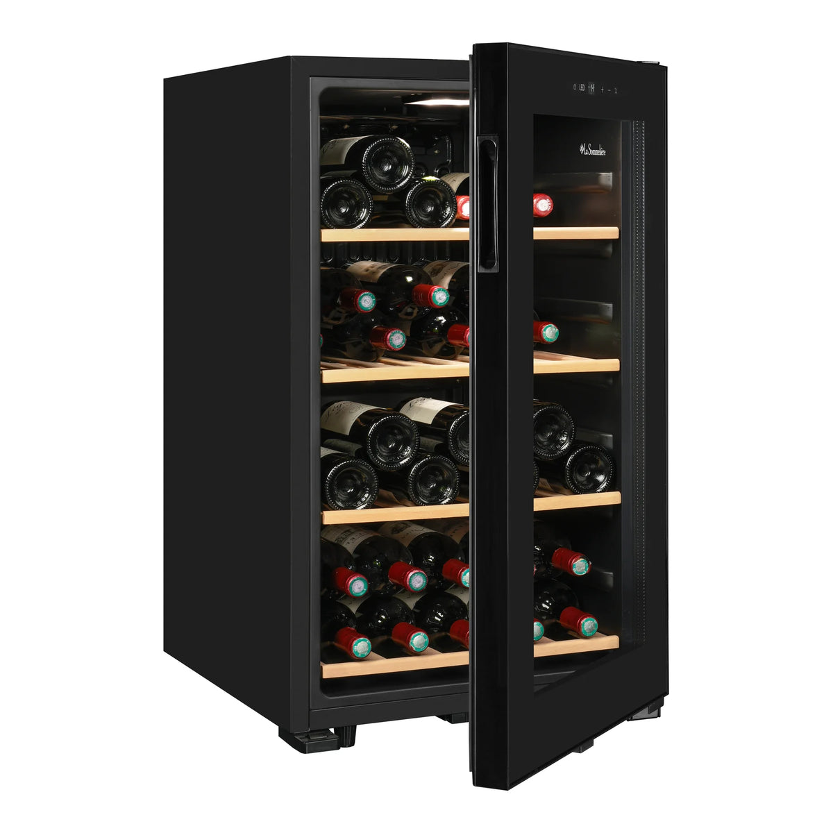 La Sommelière SMART36 34-bottle wine cooler three-quarter view with bottles and door ajar