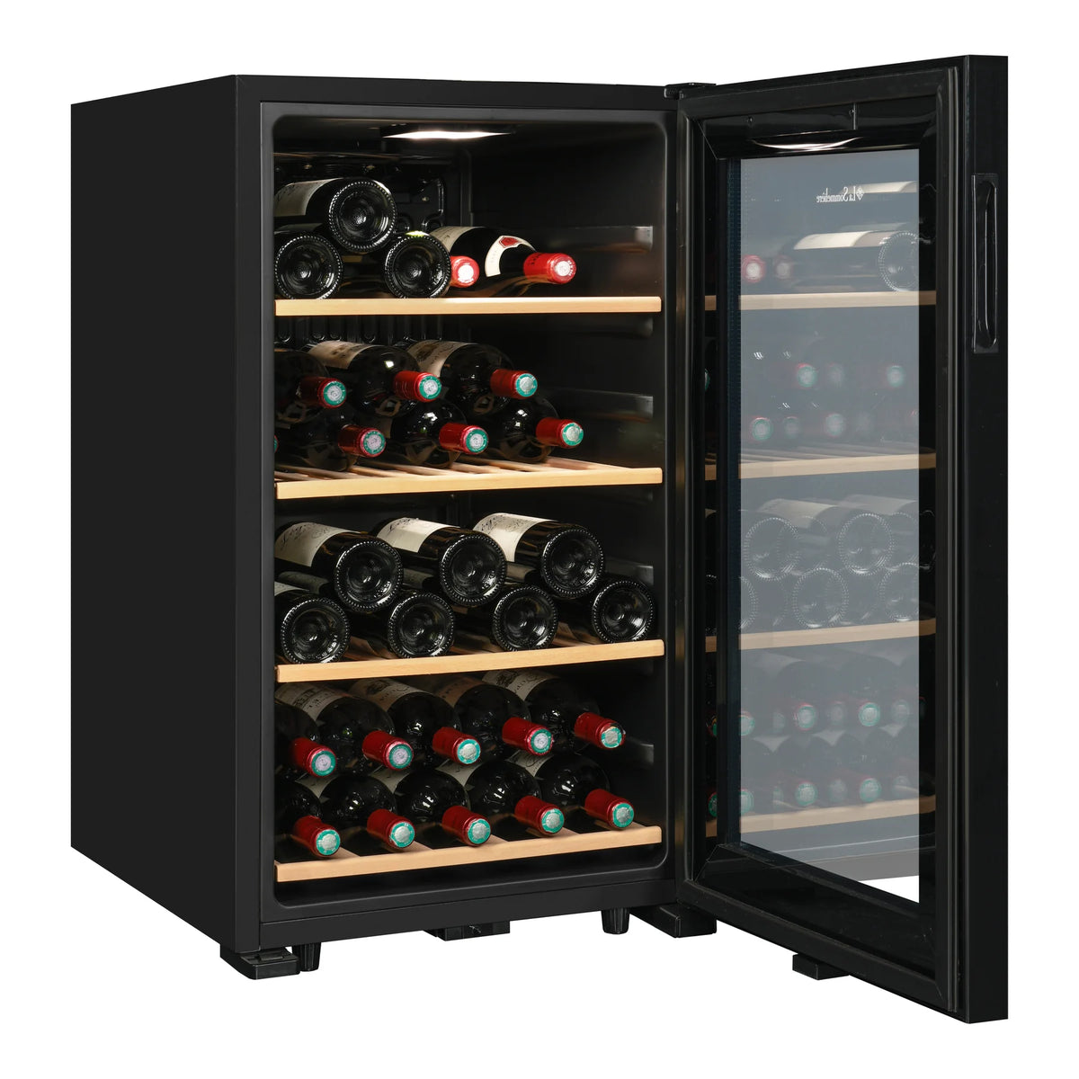 La Sommelière SMART36 34-bottle wine cooler three-quarter view with bottles and open door