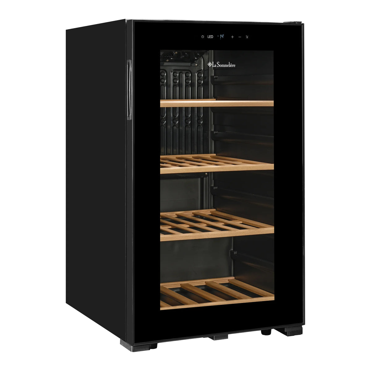 La Sommelière SMART36 34-bottle wine cooler empty three-quarter view with closed door