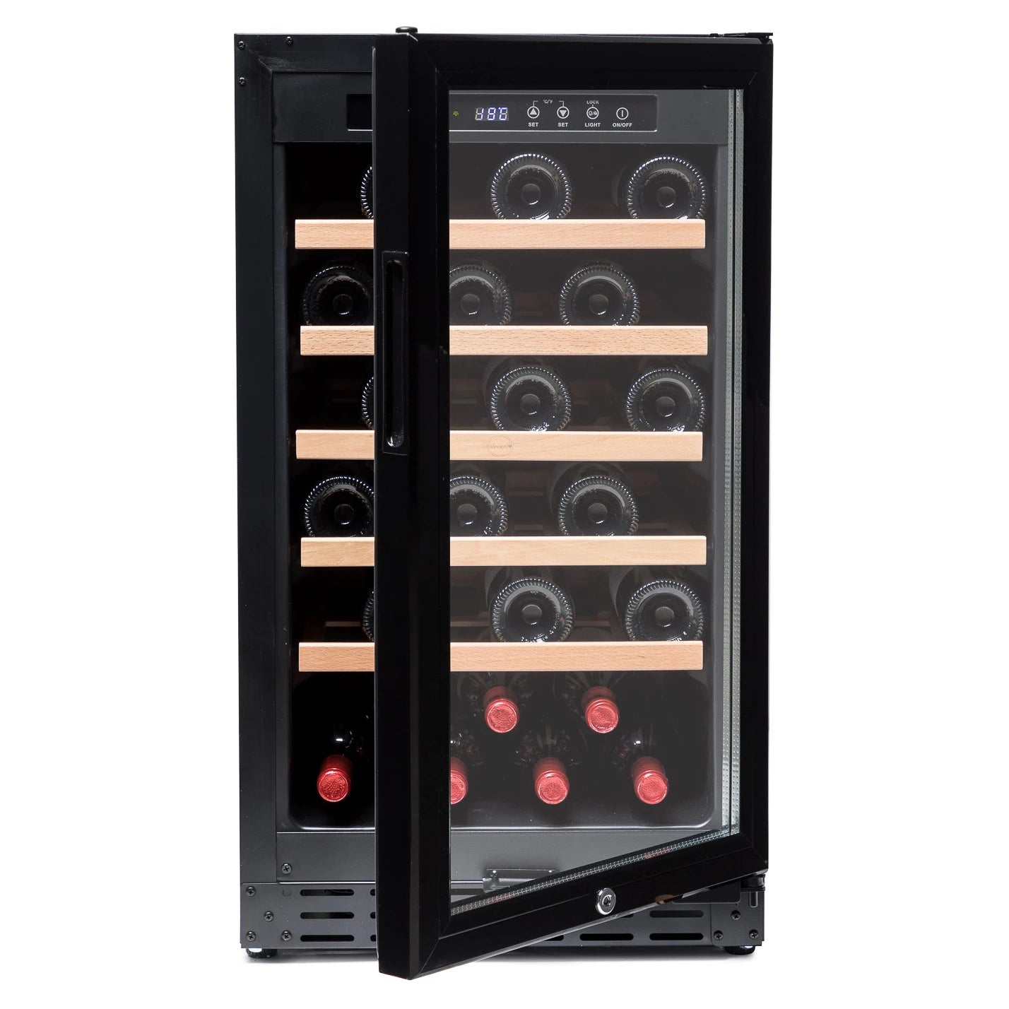 Vinoteca Vinobox V40 GC 1T Encastrable Black con puerta abierta y bandejas de madera.
