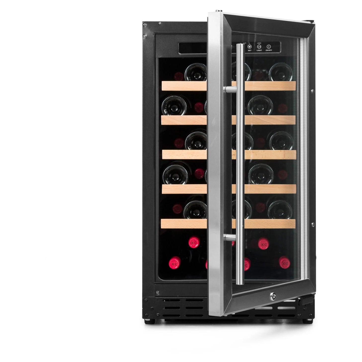 Vista frontal de la vinoteca Vinobox V40 GC 1T Encastrable Inox con acabado negro e inox.