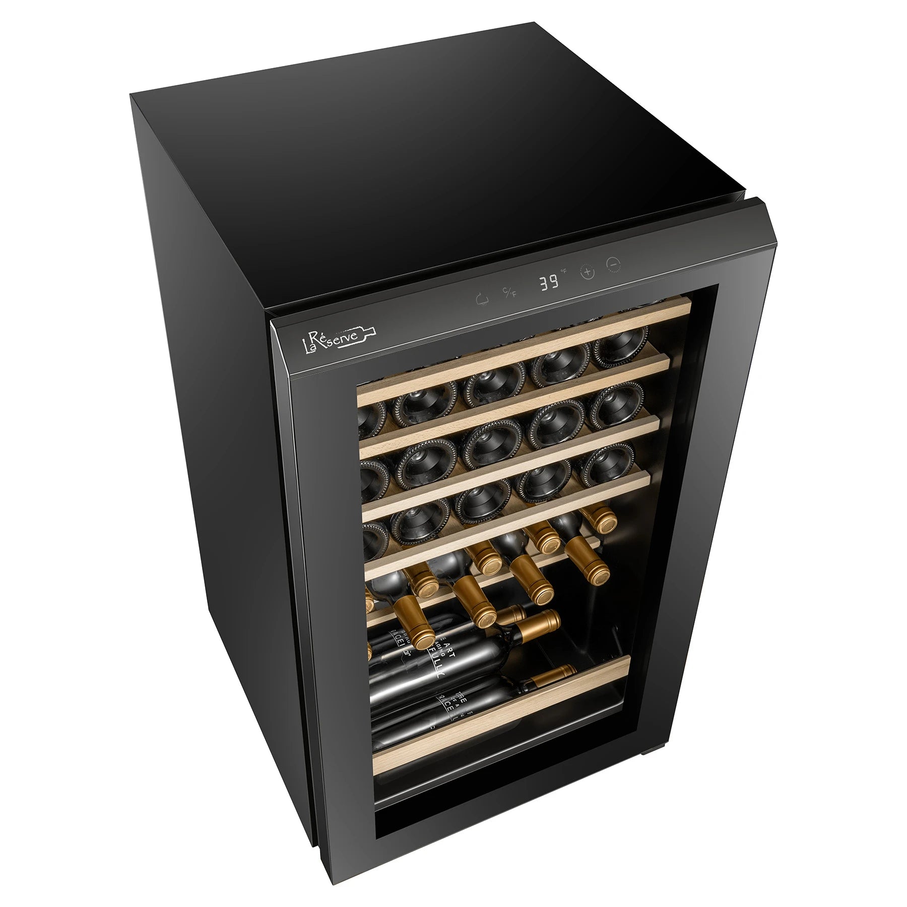 Detalle de la vinoteca La Réserve RCW133FN1 con puerta de cristal negro y diseño compacto