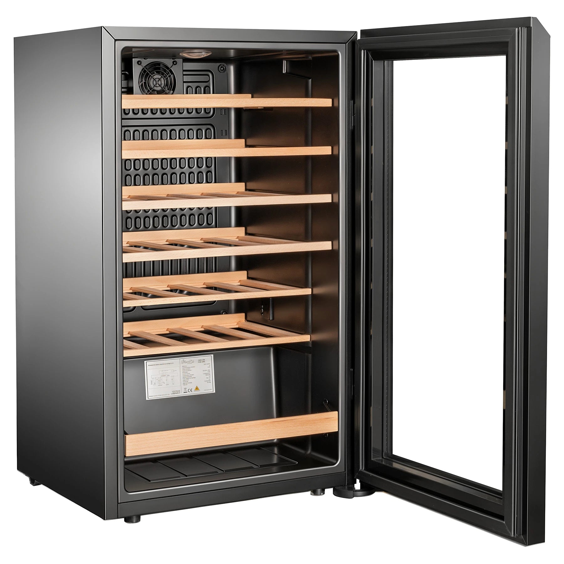Detalle de estantes de madera de la vinoteca La Réserve RCW133FN1 para botellas de vino