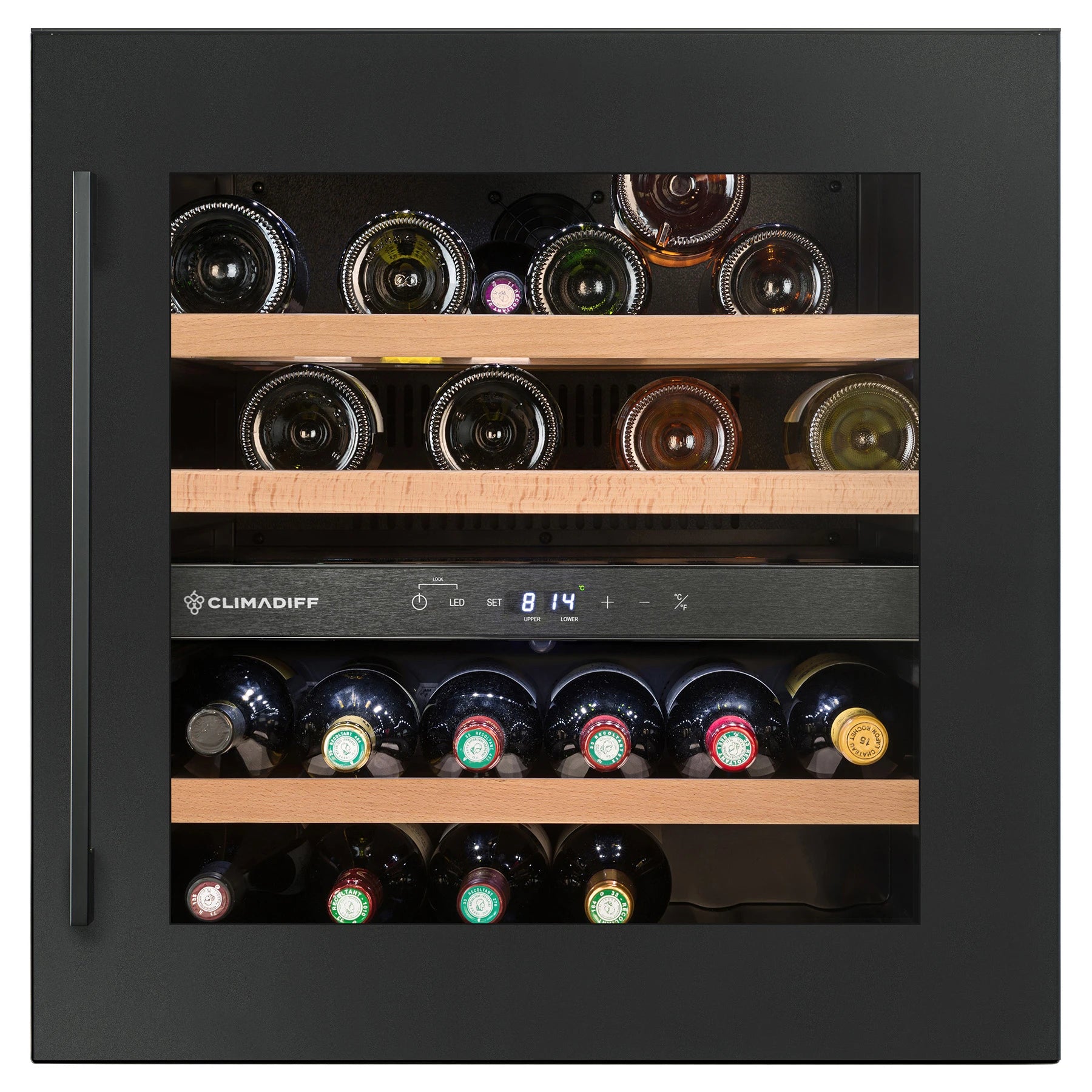 Vinoteca integrable Climadiff CBI36DBM de 36 botellas y doble zona, vista frontal con puerta de cristal negro y tirador exterior