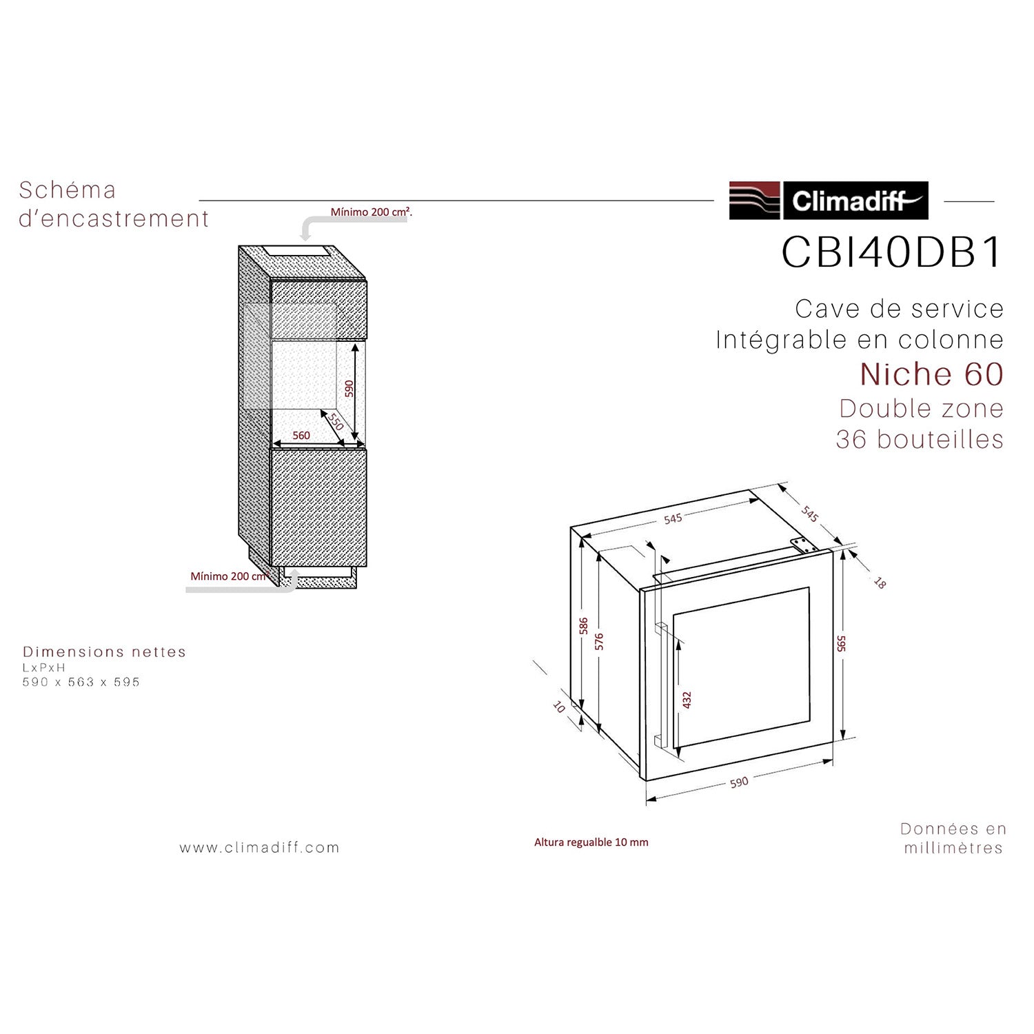 Vinoteca doble zona integrable 36 botellas Climadiff CBI40DB1 diagrama de dimensiones