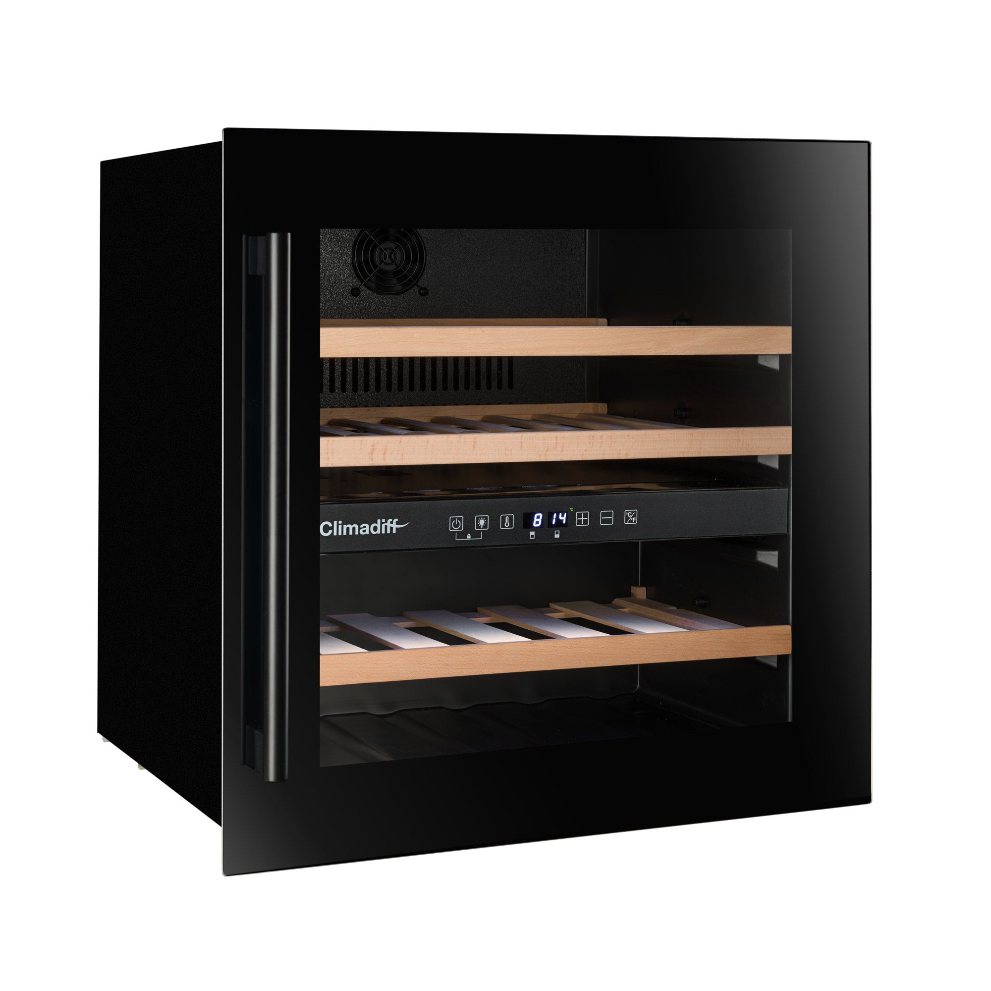 Vinoteca doble zona integrable 36 botellas Climadiff CBI40DB1 vista lateral vacía puerta cerrada