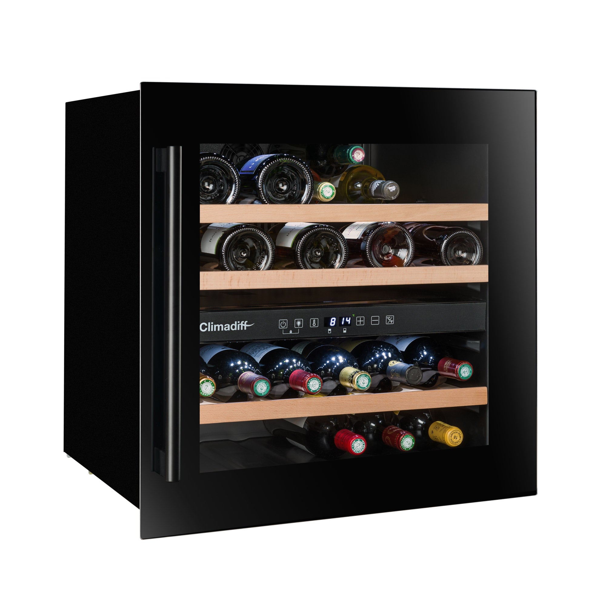 Vinoteca doble zona integrable 36 botellas Climadiff CBI40DB1 vista lateral con puerta cerrada y llena de botellas de vino
