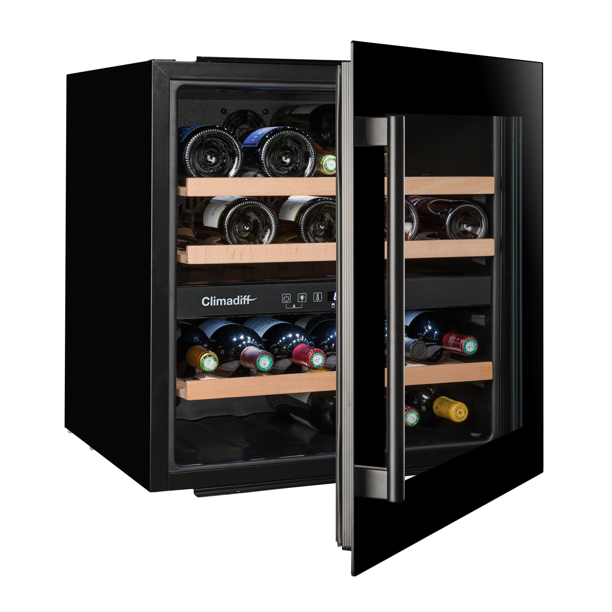 Vinoteca doble zona integrable 36 botellas Climadiff CBI40DB1 vista lateral con puerta semi abierta y llena de botellas de vino