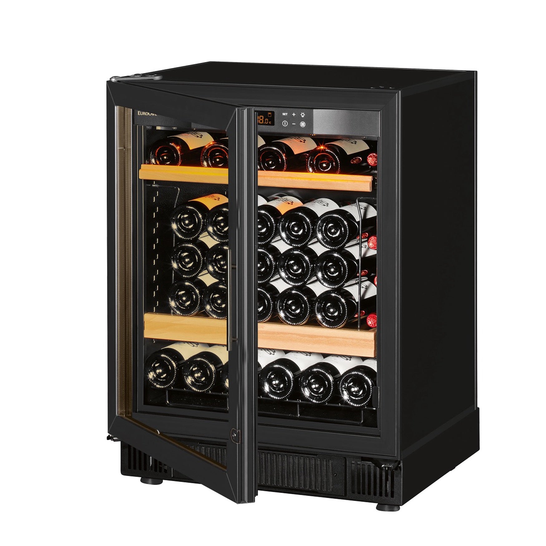 Vinoteca 38 botellas EuroCave Compact SV4 Multitemperatura Glass puerta semiabierta llena