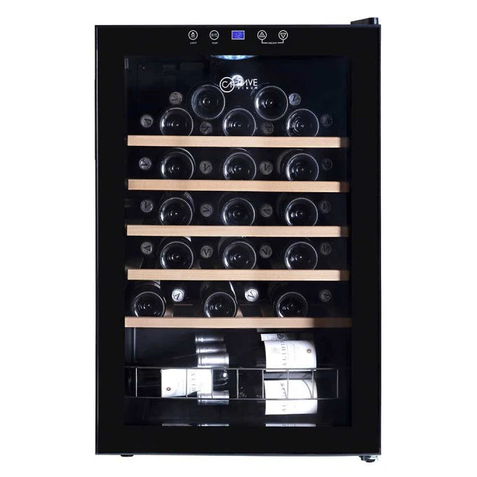Vinoteca Cave Vinum CV-40-CWS de 40 botellas, libre instalación, vista frontal del modelo negro.