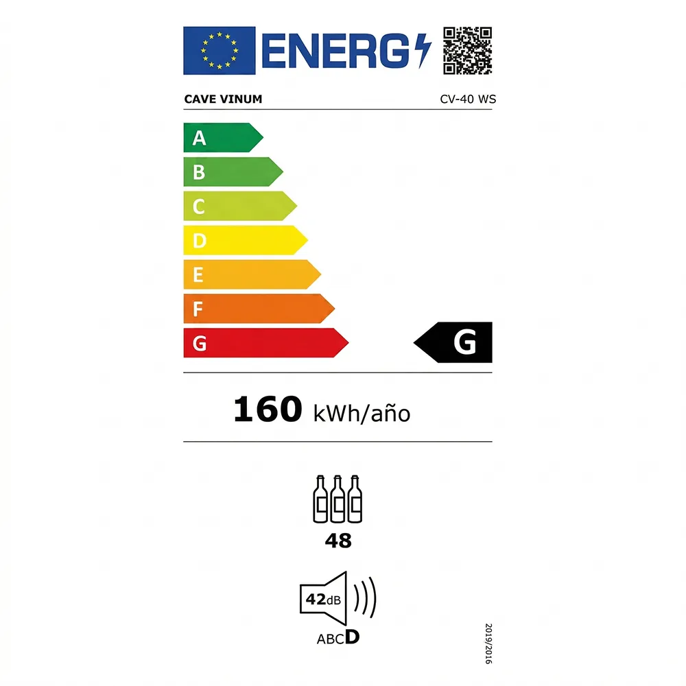Etiqueta energética de la vinoteca Cave Vinum CV-40-CWS de 40 botellas, clase G y consumo anual de 160 kWh.