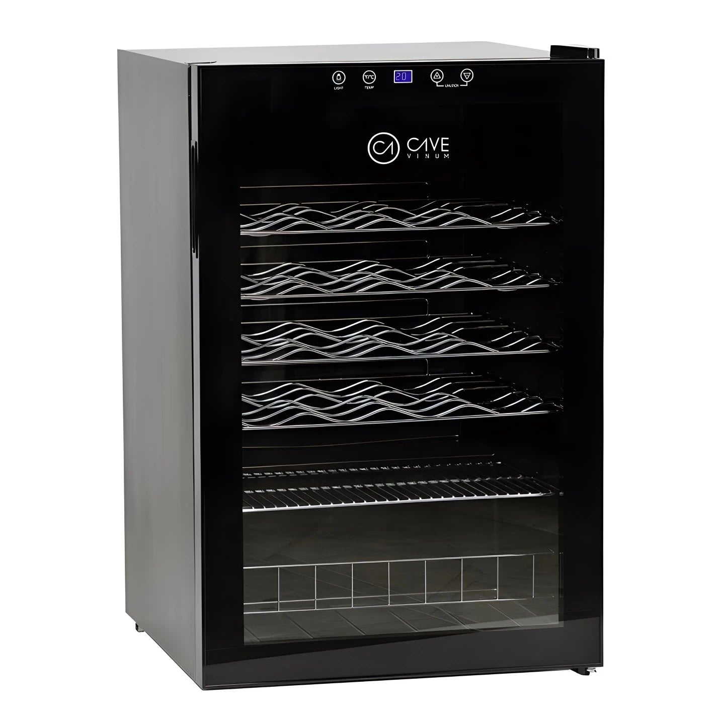 Vinoteca Cave Vinum CV-40C de 40 botellas, con acabado negro, puerta de vidrio, control digital superior y estantes metálicos ondulados.