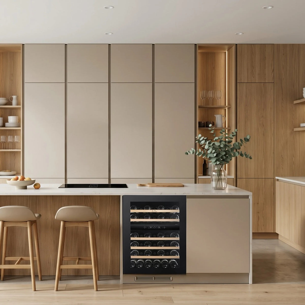 Le Chai LT2BU41H88N60 41-bottle wine cooler, built in under the worktop of a kitchen island, with the wooden shelves without front.