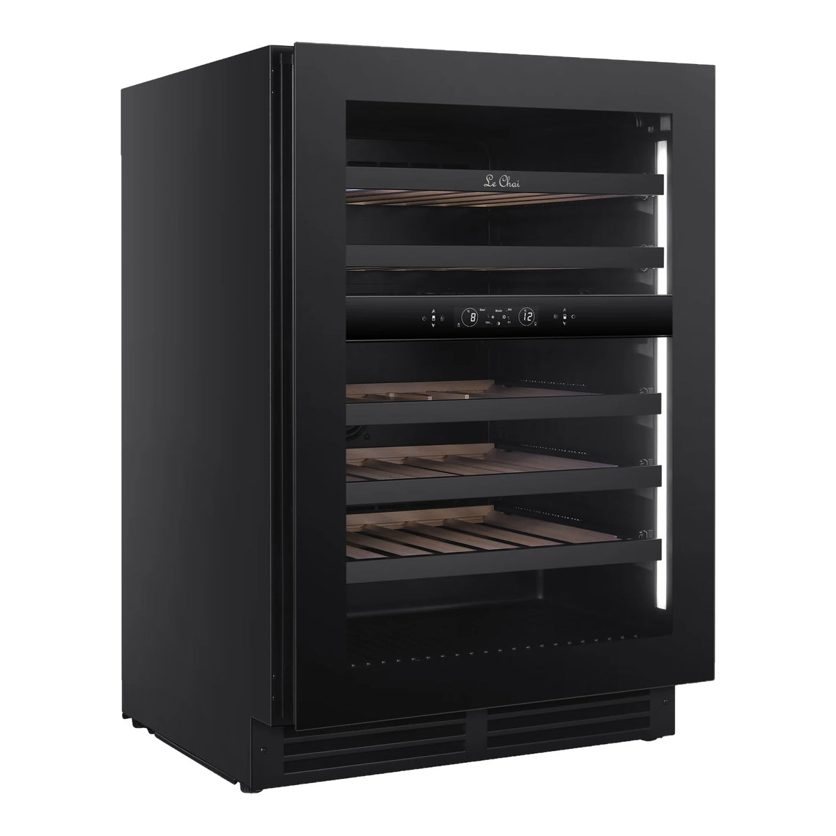 Le Chai LT2BU41H88N60 41-bottle wine cooler, empty, three-quarter view with the door closed.