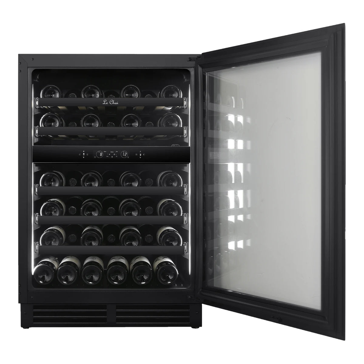 Le Chai LT2BU41H88N60 41-bottle wine cooler, front view with the door open and the bottles on the shelves.