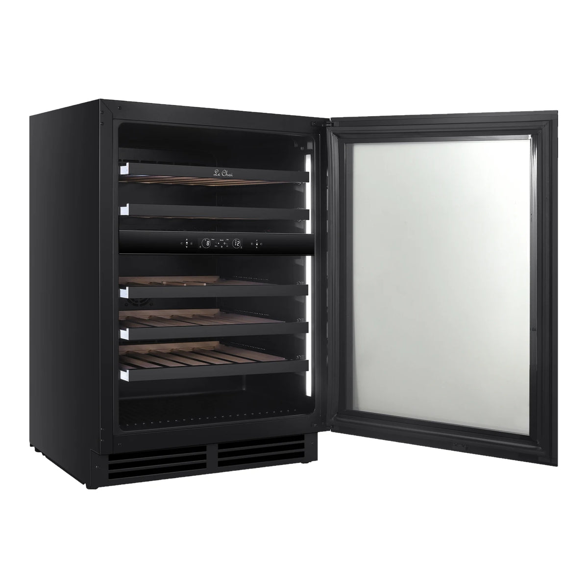 Le Chai LT2BU41H88N60 41-bottle wine cooler, empty, three-quarter view with the door open and the shelves in view.