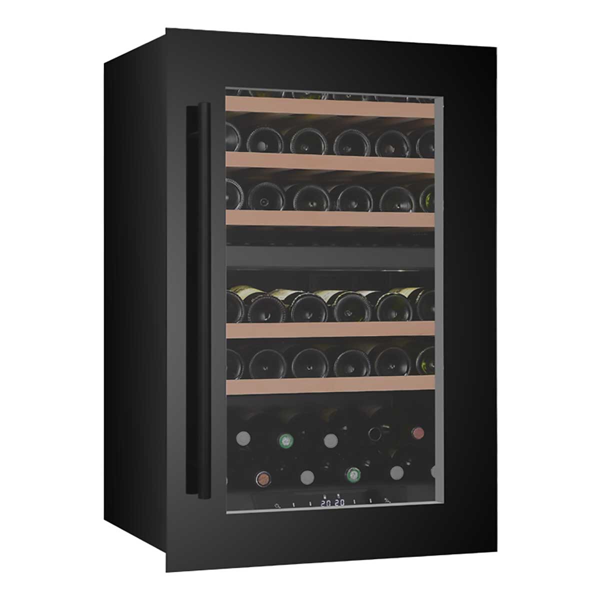 Vinoteca encastrable 42 botellas Cavanova CV042KT-2T doble zona vista lateral con puerta cerrada y llena de botellas de vino