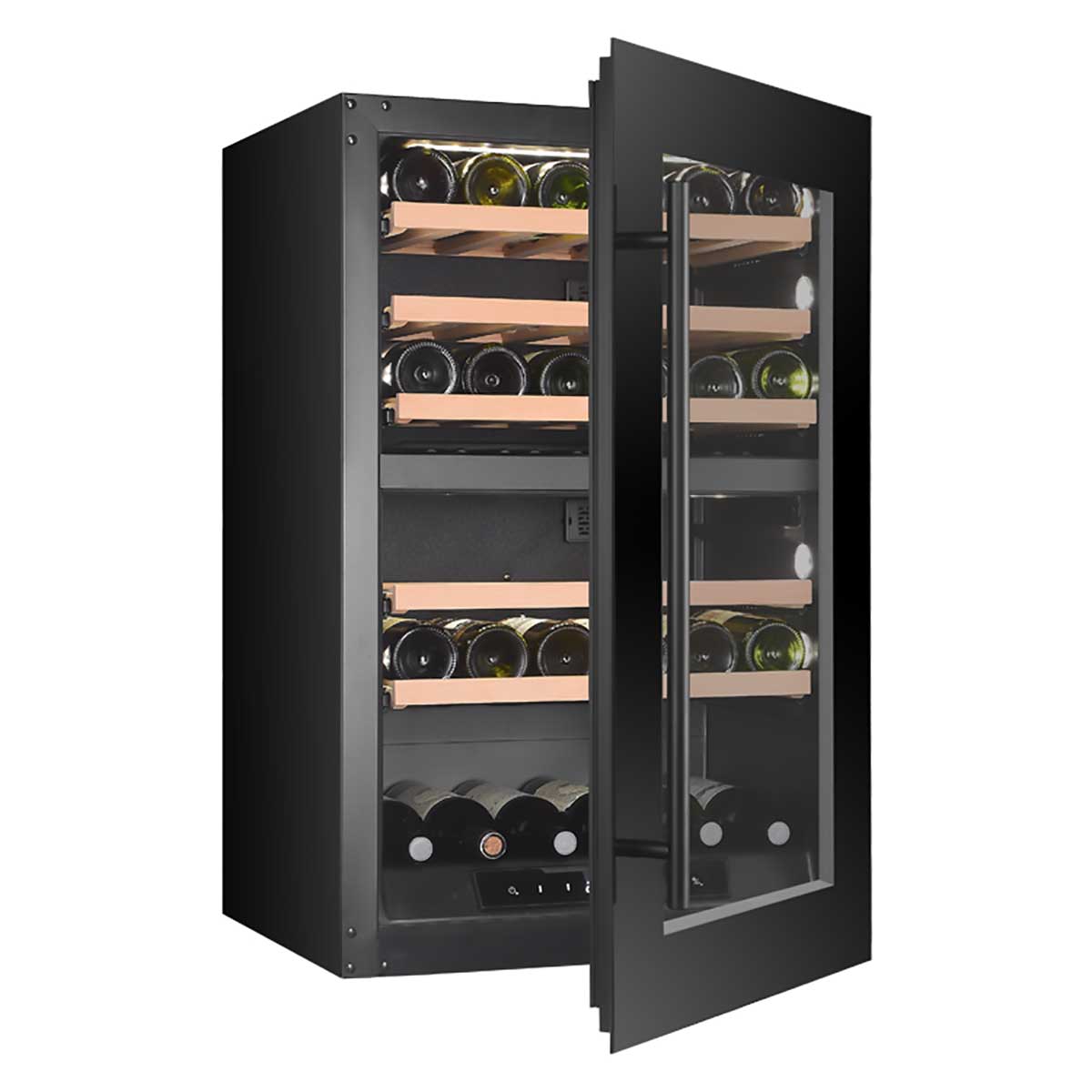Vinoteca encastrable 42 botellas Cavanova CV042KT-2T doble zona vista letarl con puerta semiabierta y con botellas de vino