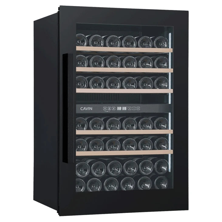 Vinoteca Cavin Scandinavian Collection 90 Fullglass Black de 42 botellas, doble zona, encastrable en columna, vista frontal.