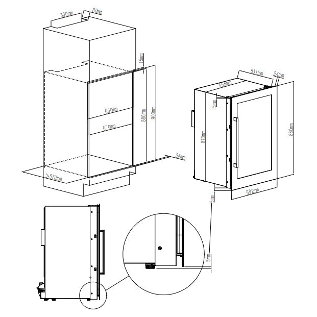 Plano de instalación de la vinoteca Cavin Scandinavian Collection 90 Fullglass Black encastrable en columna.
