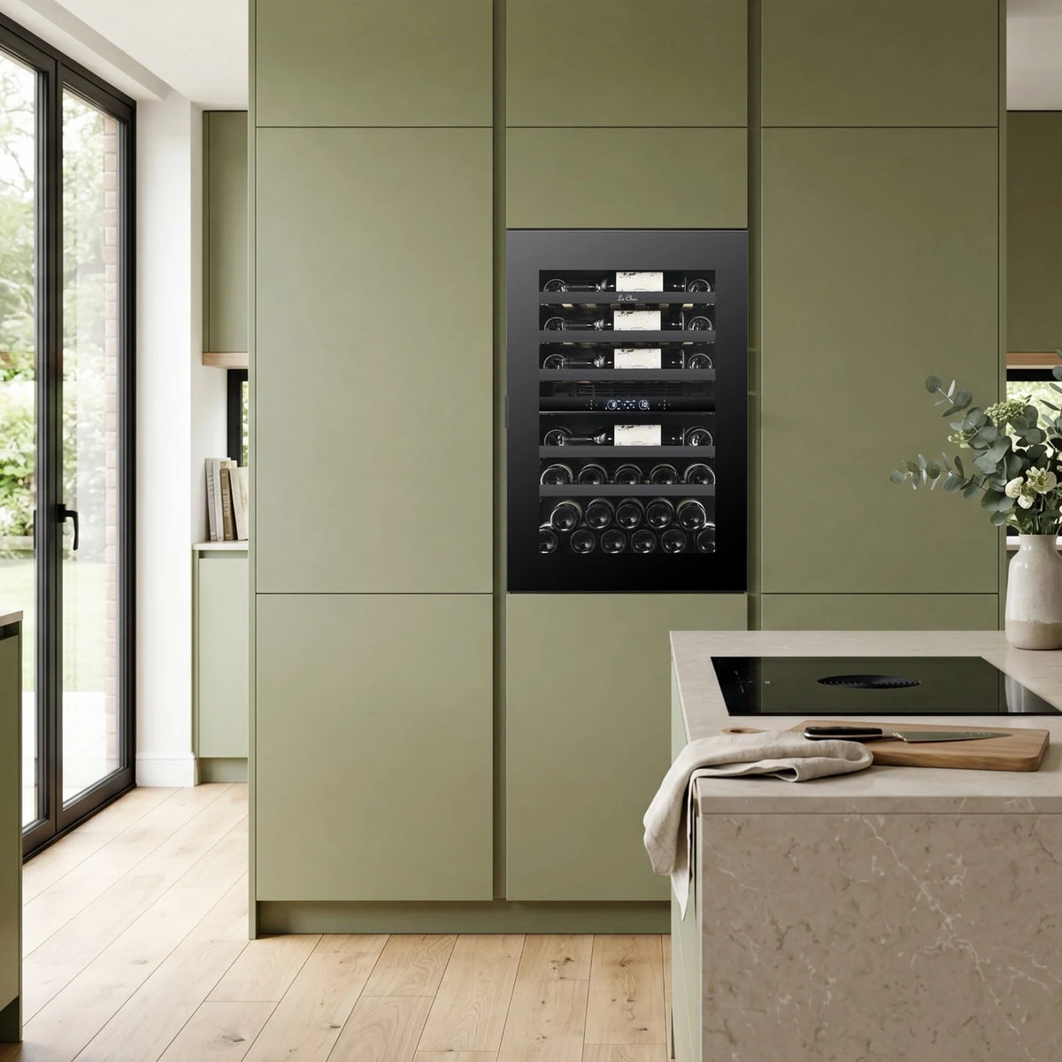 Le Chai LT2BI44H88A 44-bottle wine cooler, built into a column in a kitchen.